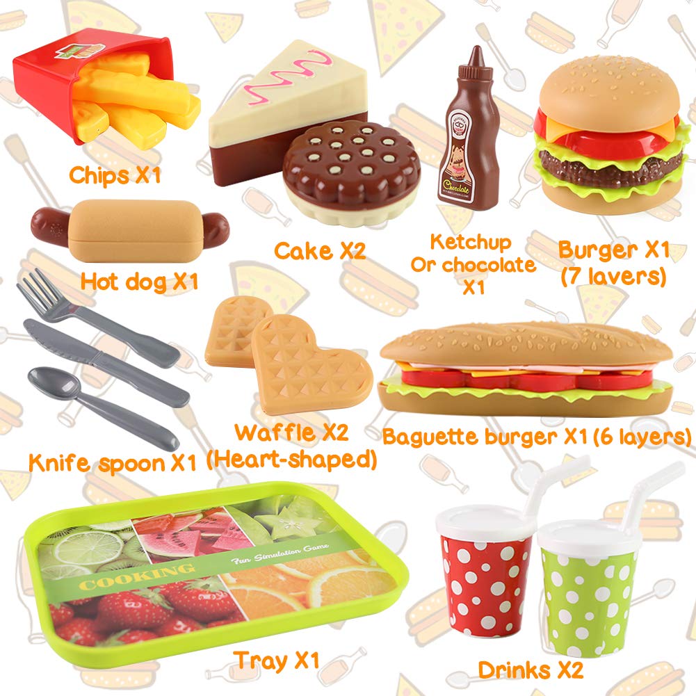 LovesTown 20-Piece Kids Pretend Play Food Set - Realistic Toy Burgers & Fast Food for Toddlers - Perfect for Birthday Gifts, Role Play & Kitchen Fun (Ages 3+)