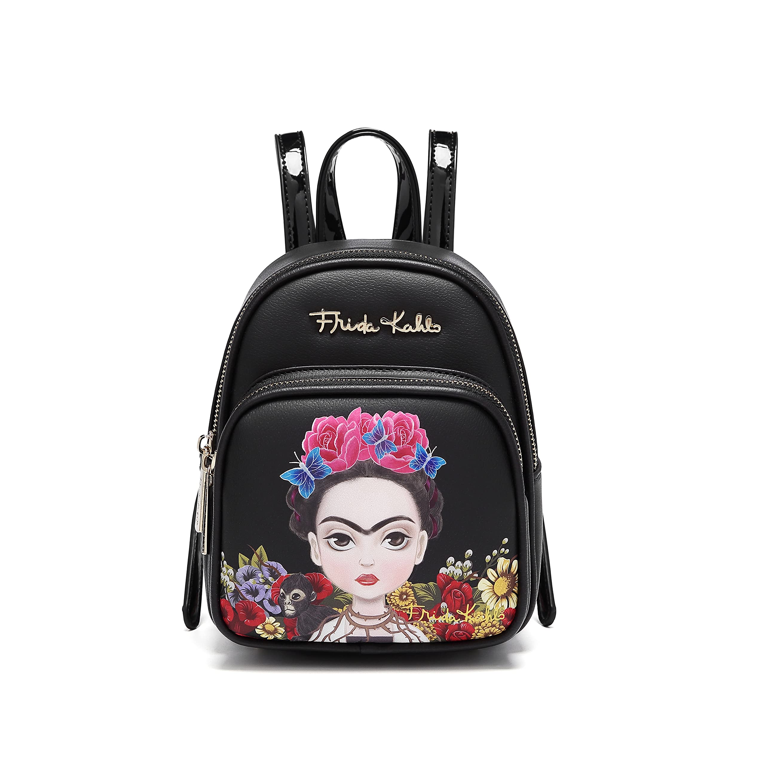 Frida Kahlo Inspired Cartoon Print Faux Leather Mini Backpack for Women - Stylish & Durable Small Purse (Black) - Perfect for School, Travel & Everyday Use