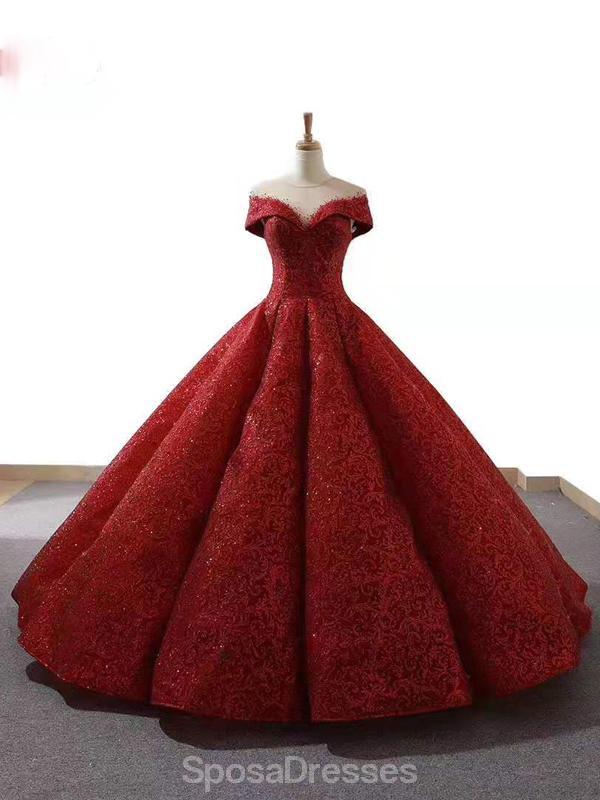 Elegant Dark Red Jewel Neckline Off Shoulder Ball Gown Long Evening Prom Dress for Women - Formal Party, Homecoming, Wedding Guest, Special Occasions