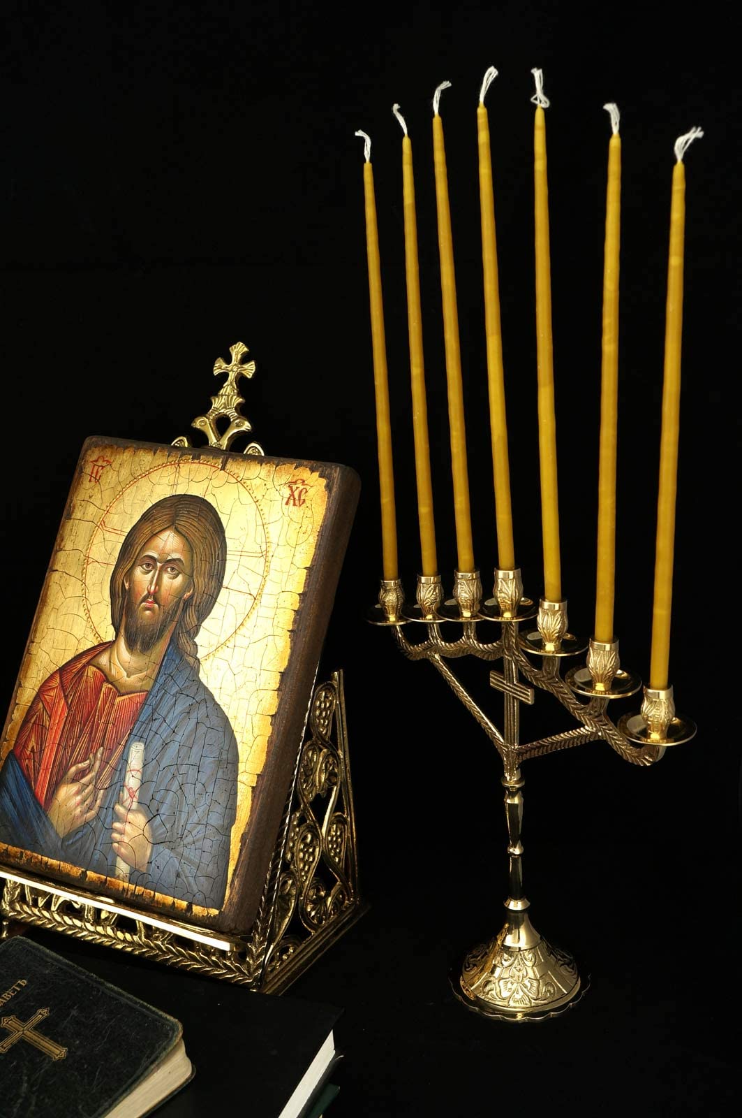 Seven Candle Christian Candelabra - Traditional Orthodox Candle Holder with 100 Pure Beeswax Taper Candles for Prayer Corner & Home Altar Decor | Religious Ceremonies, Church Services & Spiritual Meditation