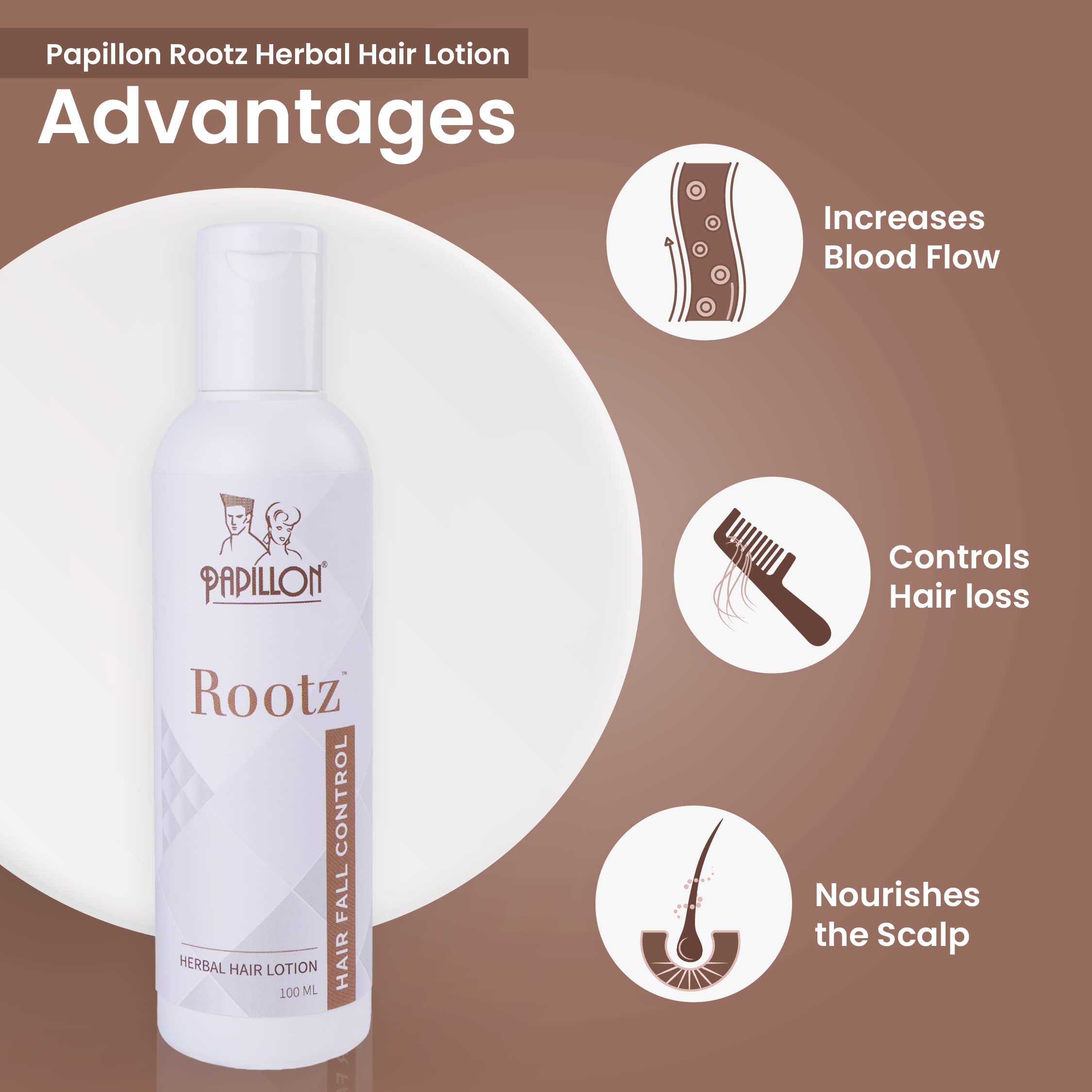 Papillon Rootz Herbal Hair Lotion for Hair Fall Control - 100ml | Natural Hair Growth Treatment for Thinning Hair | Perfect for Daily Use at Home & Salon