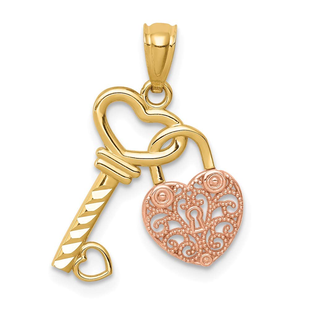 14k Yellow & White Gold Diamond-Cut Key & Heart Pendant Necklace | Two-Tone Jewelry for Women | Perfect for Valentine's Day & Anniversary Gifts