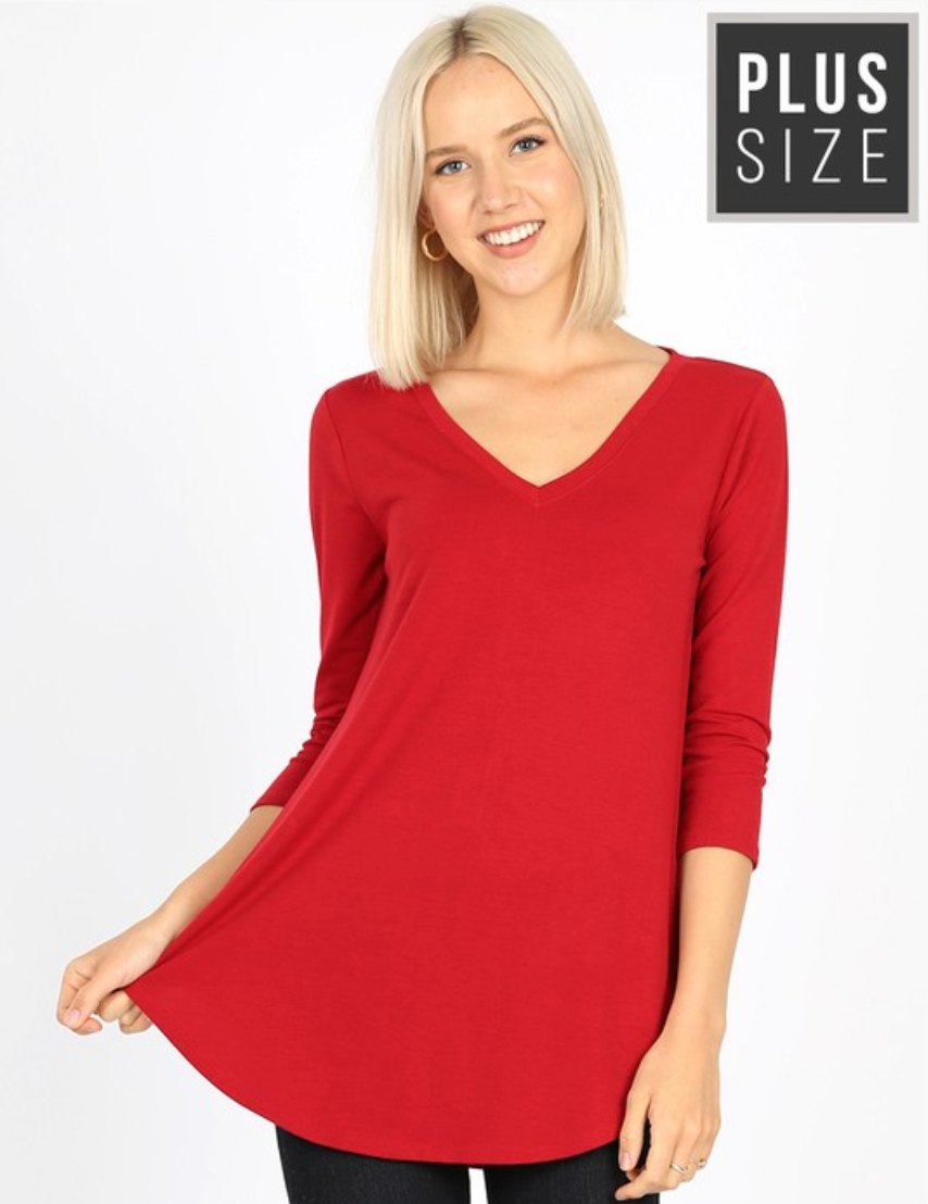 Plus Size 3/4 Sleeve V Neck Scoop Front & Back Flowy Blouse - Comfortable Women's Tops for Work, Casual Outfits & Special Occasions