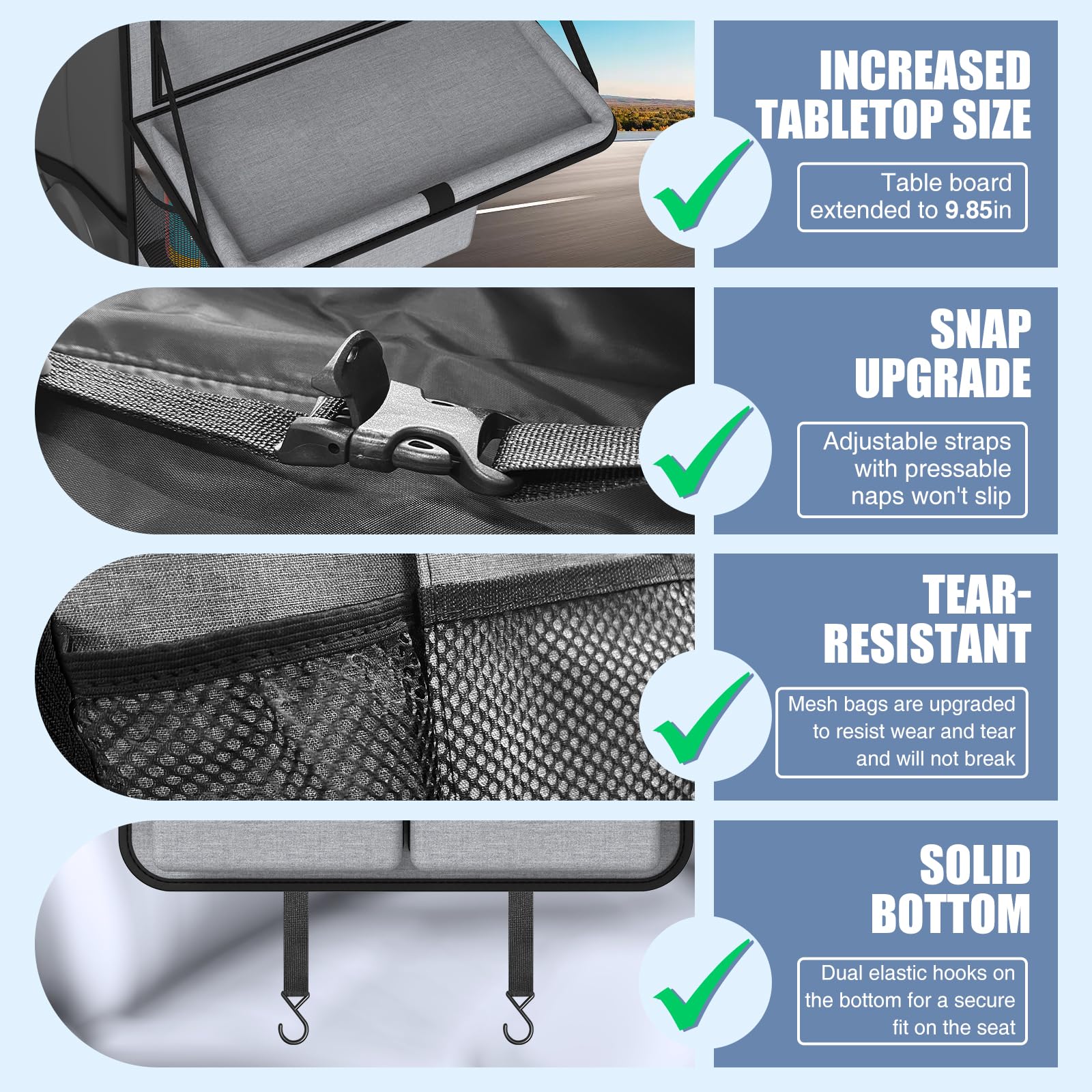 Car Backseat Organizer with Tablet Holder - 11 Storage Pockets & Foldable Food Tray - Kids Kick Mats Protector - Travel Accessories Organizer (Gray, 2 Pack) - Perfect for Road Trips, Family Travel & Keeping Kids Entertained