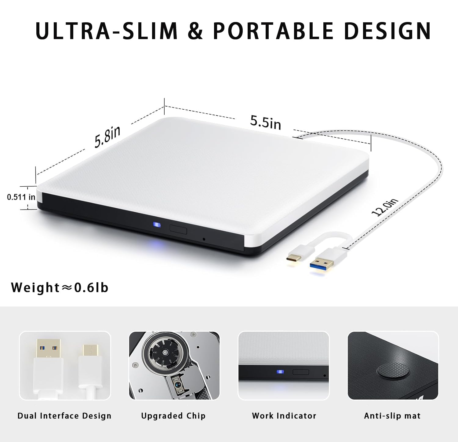 Portable USB 3.0 External CD/DVD Drive Burner for Laptop & Mac - Slim Optical Disk Player Compatible with Windows 10/8/7, Linux OS | Perfect for Watching Movies, Burning Discs & Installing Software
