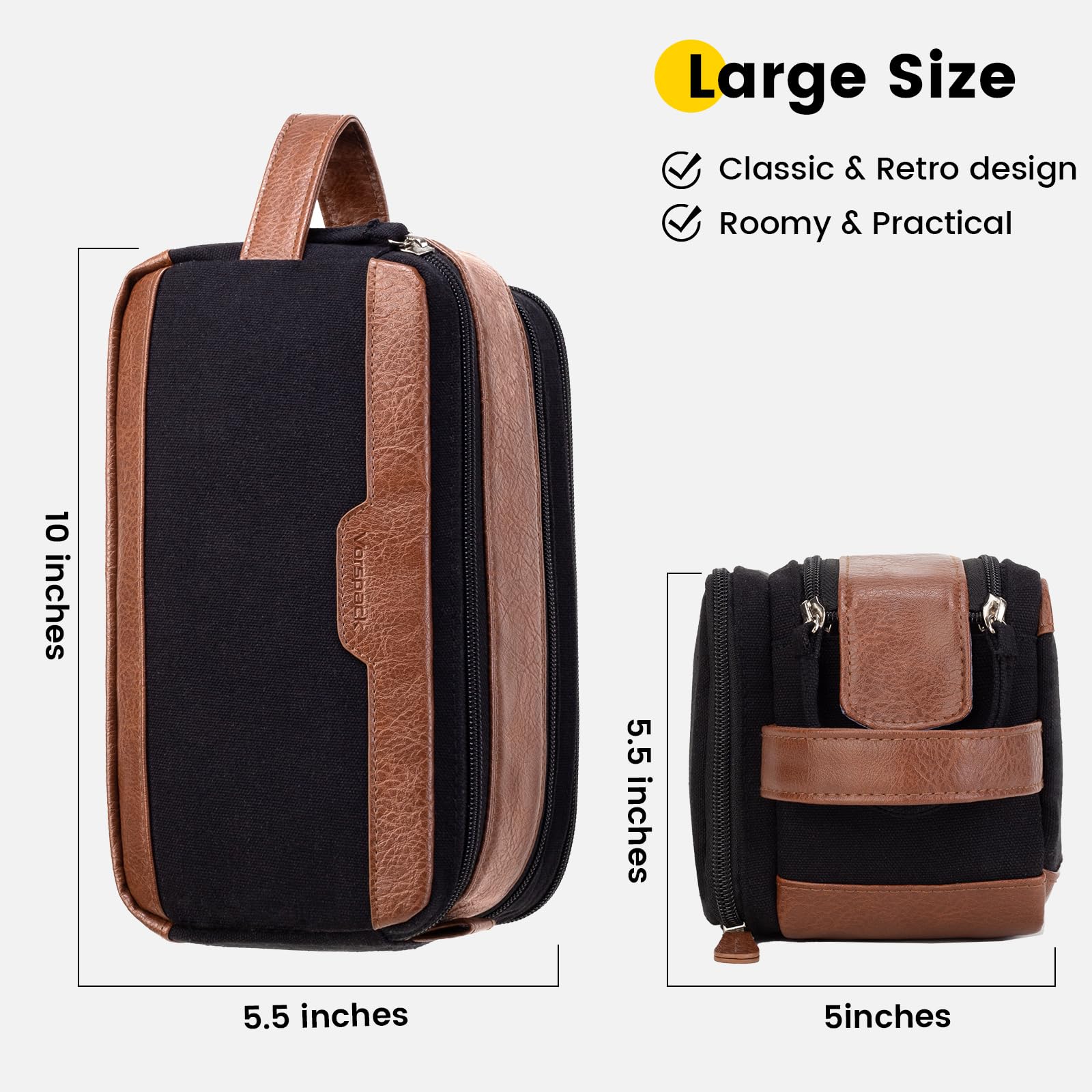 Vorspack Men's Waterproof Travel Toiletry Bag - Large Canvas Dopp Kit for Shaving & Skincare Essentials | Bathroom Organizer & Toiletries Accessories | Perfect Gift for Men | Ideal for Travel, Gym & Business Trips - Black