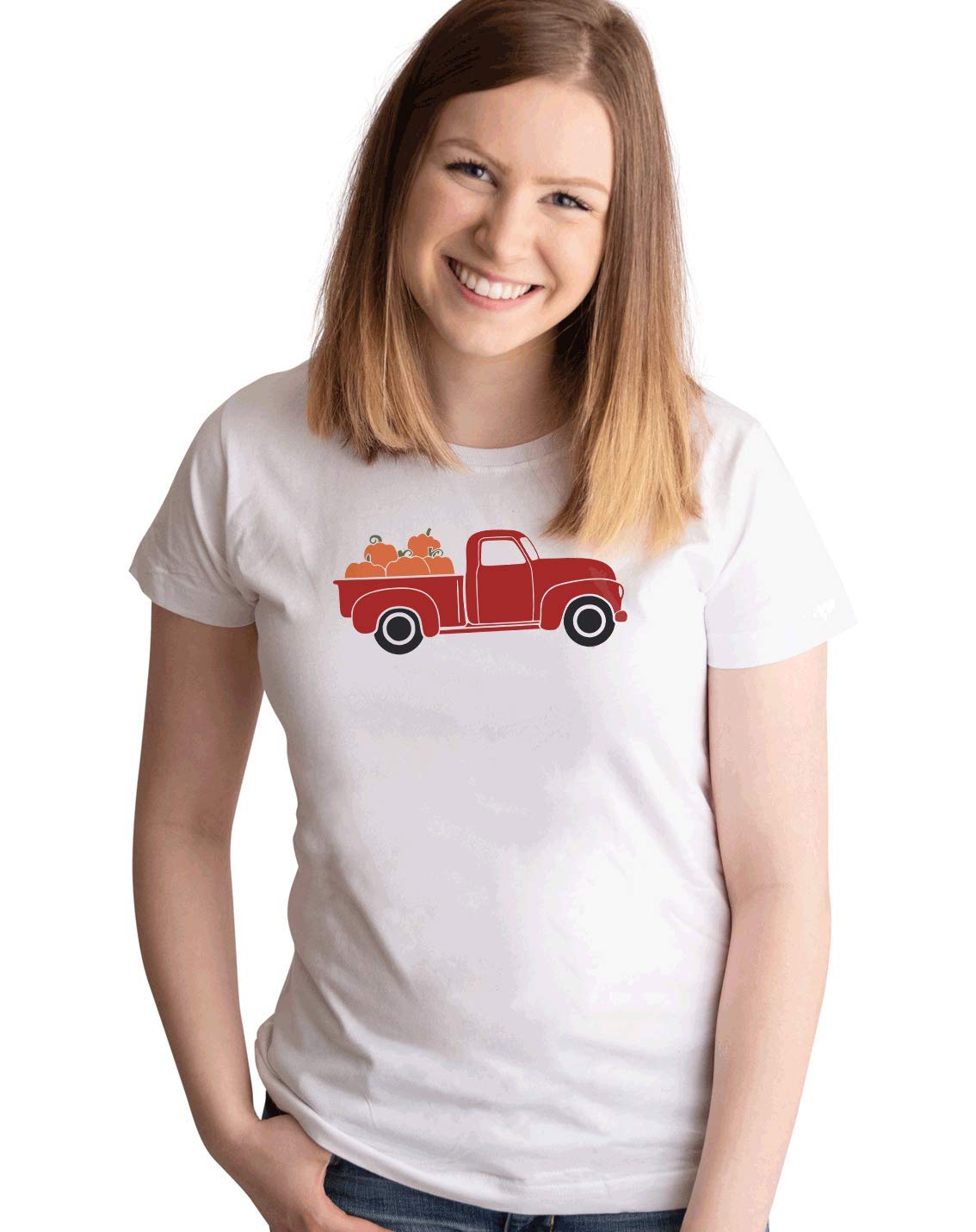 7 ate 9 Apparel Women's Pumpkin Truck Graphic T-Shirt - Fall Fashion Cute Autumn Outfit for Pumpkin Patch, Thanksgiving & Halloween