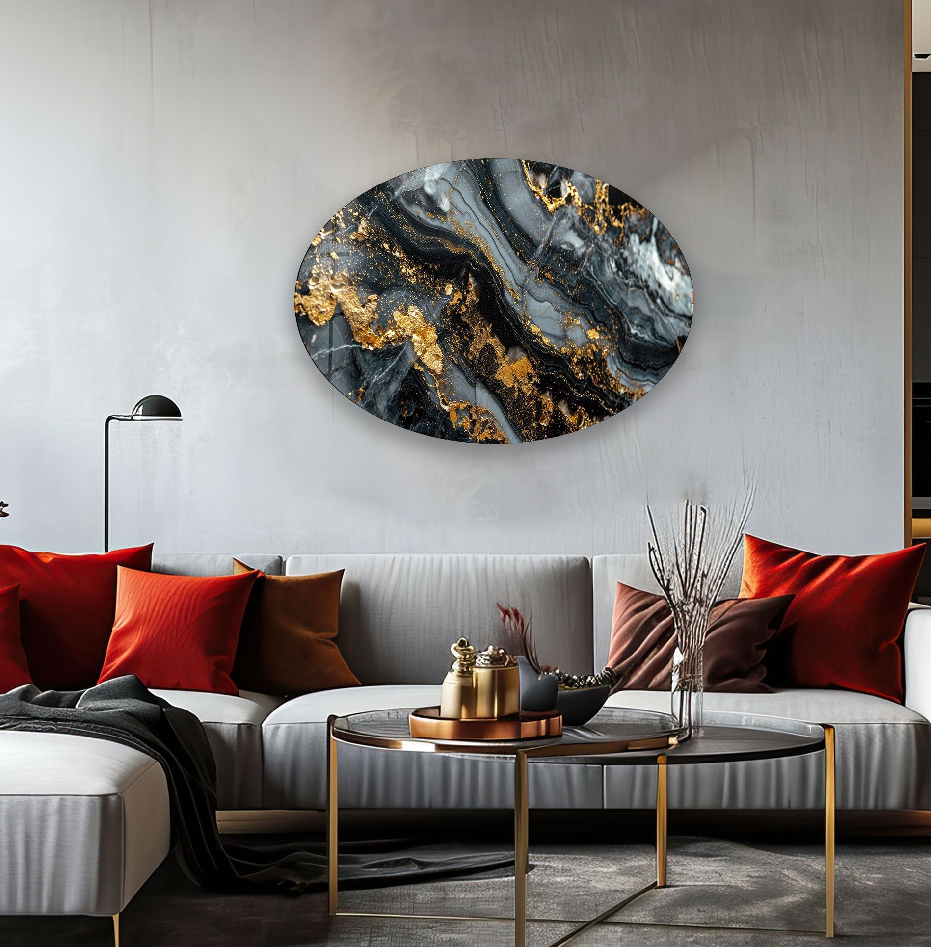 Asymmetric Oval Black Gold Splash Glass Wall Art - Modern Abstract Home Decor for Living Room, Bedroom & Office - Unique Handmade Glass Painting for Wall Decoration