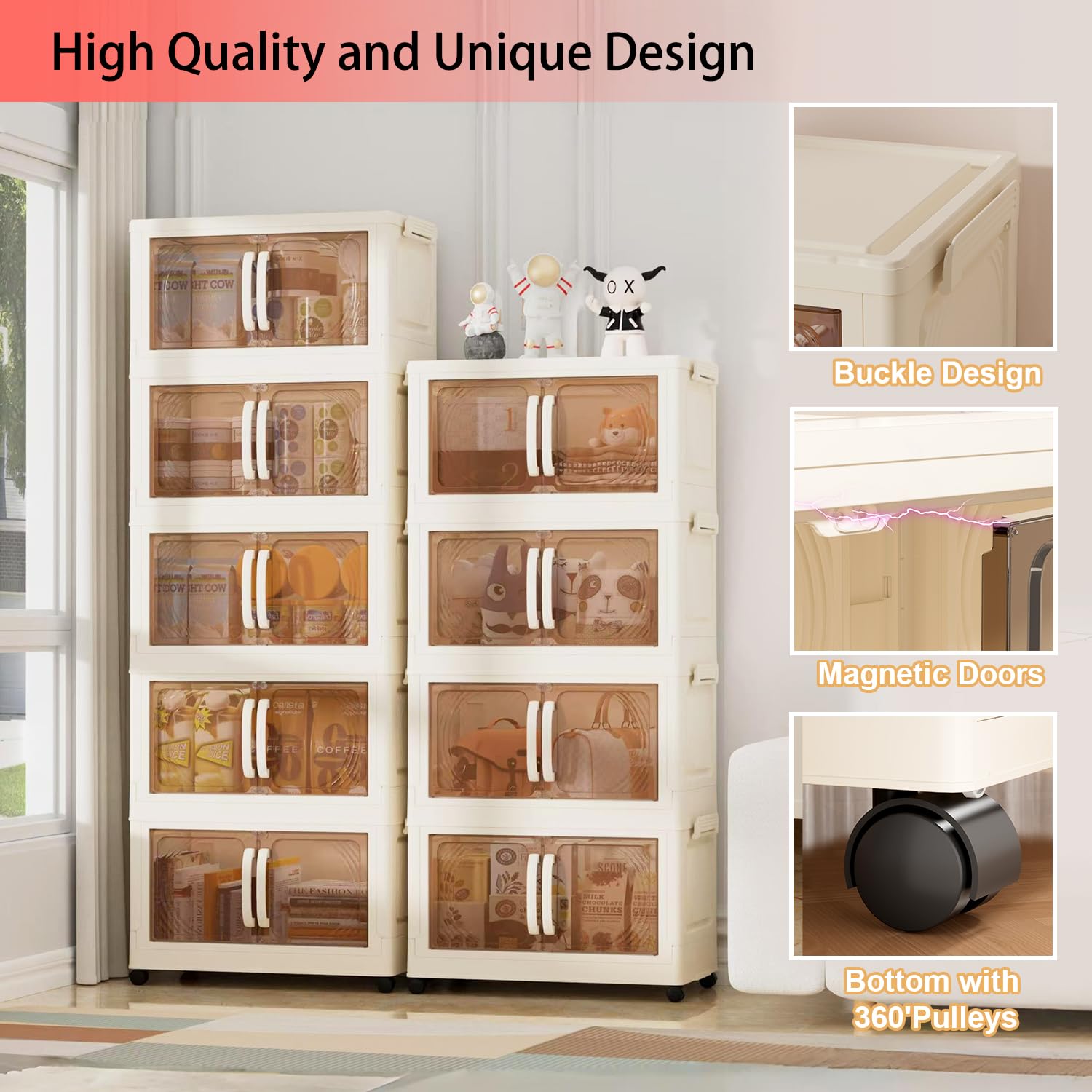 Karramlili 160 Qt Stackable Storage Bins - 5-Tier Plastic Storage Cabinet with Magnetic Doors & Wheels (17.7