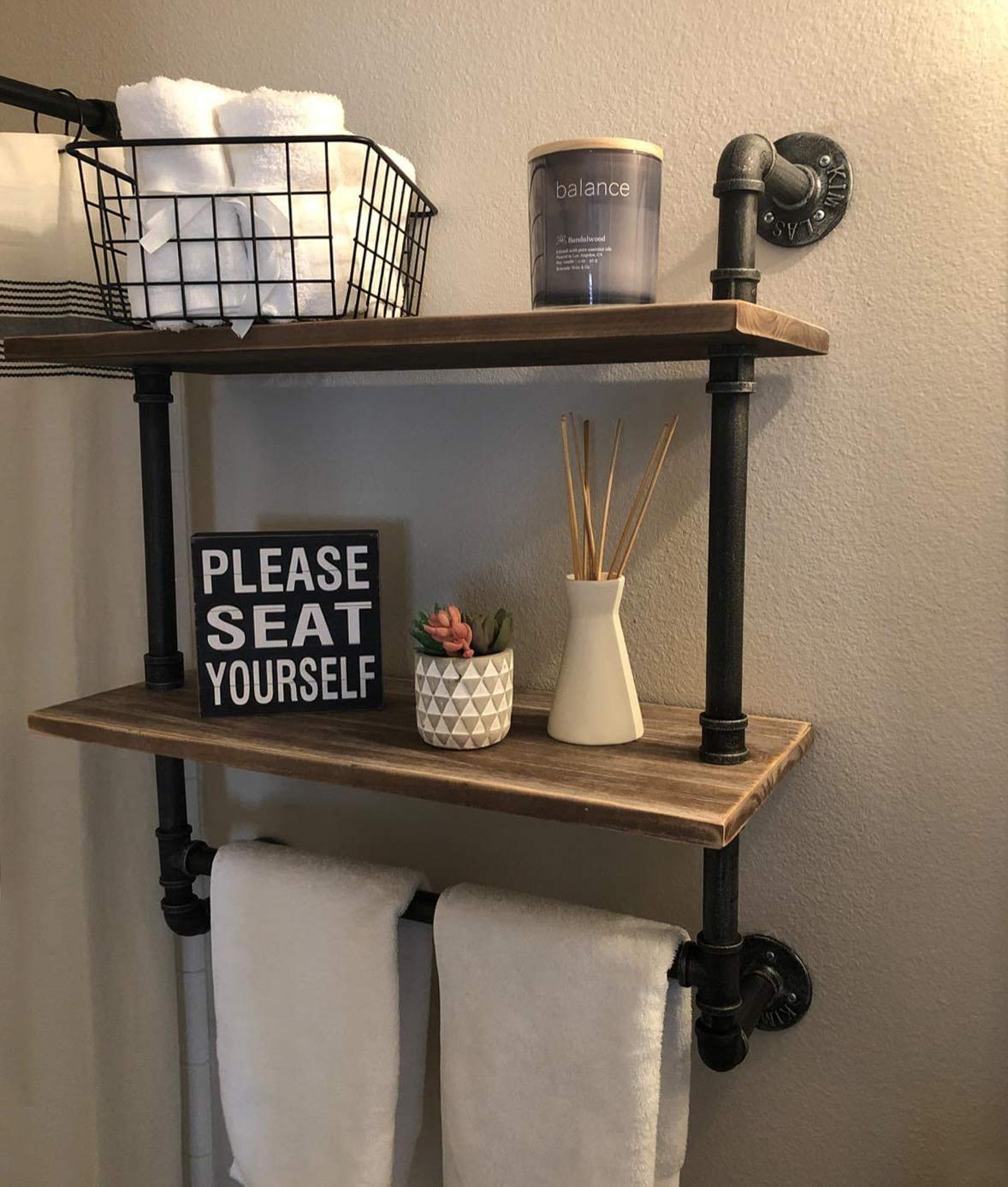 KKLE Industrial Pipe Shelf - Rustic Wall Shelf with Towel Bar, 24 Towel Racks for Bathroom Storage, Wood Pipe Shelves for Home Decor (2-Layer) - Perfect for Farmhouse Bathroom, Kitchen Organization & Vintage Style Living Room