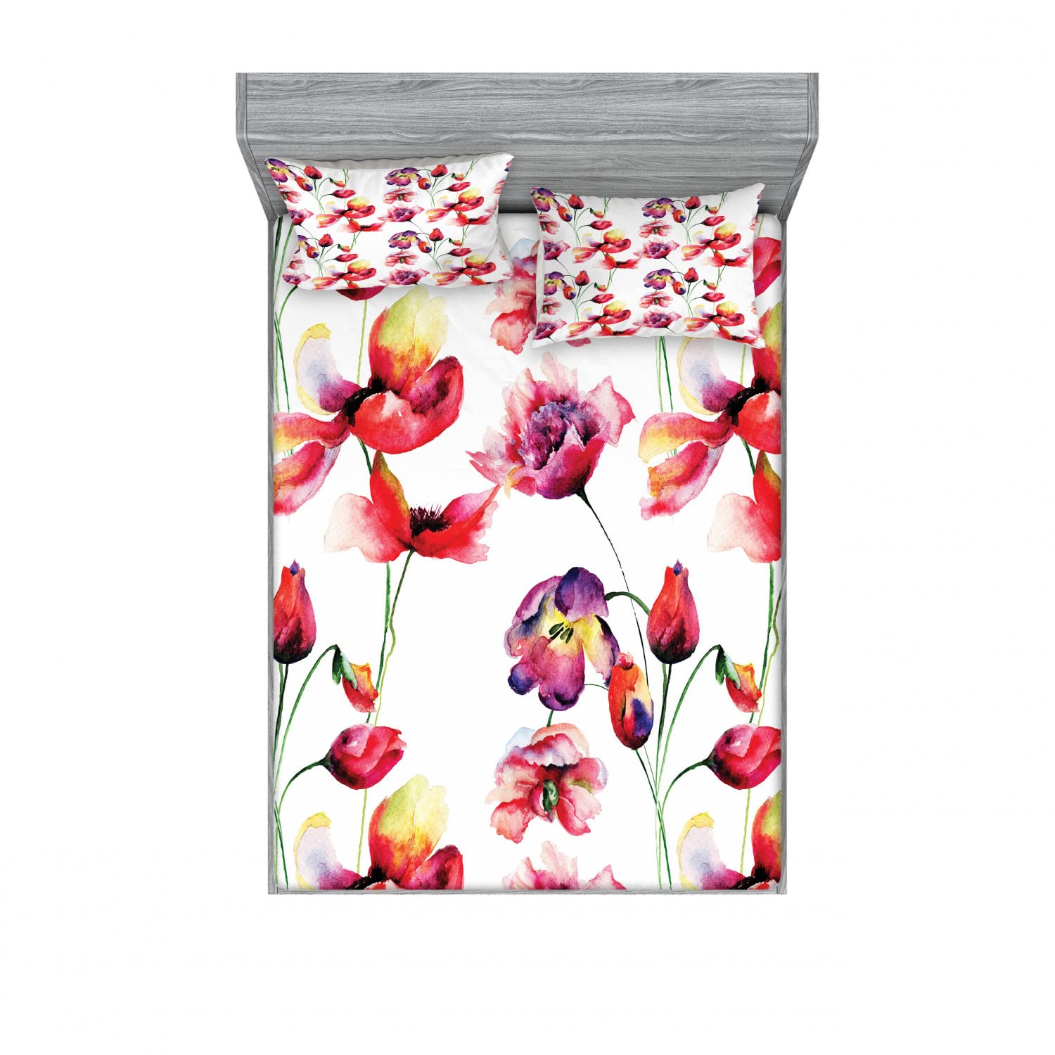 Ambesonne Floral 2-Pack Full Size Fitted Sheet Set with 4 Pillow Shams - Blooming Tulip Poppy Pattern, Red & White Cotton Bedding for Master Bedroom, Guest Room & Dorm Decor