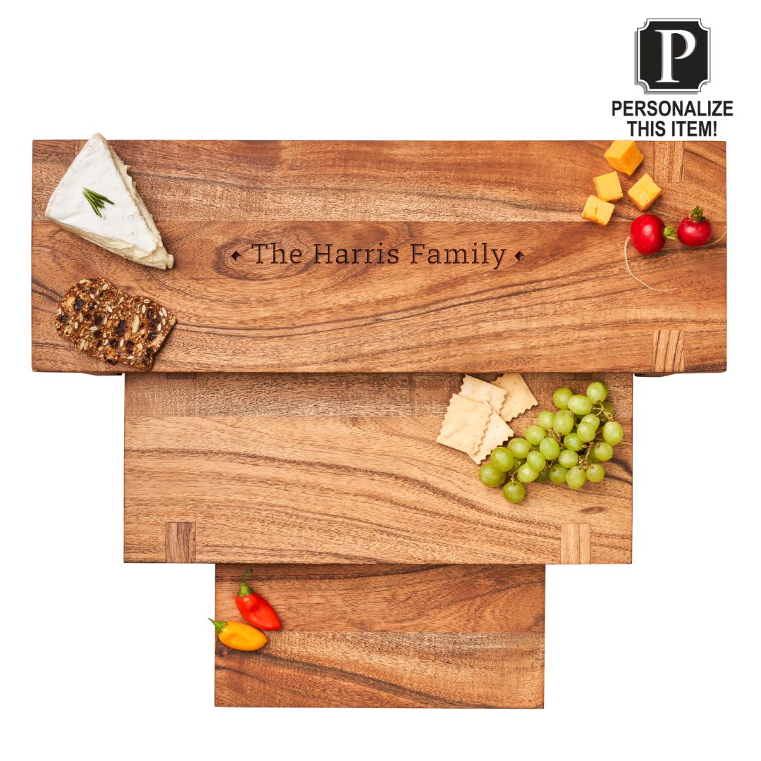 Personalized Modern Acacia Wood Nesting Boards Set - Custom Engraved Kitchen Serving Trays for Cheese, Charcuterie & Entertaining