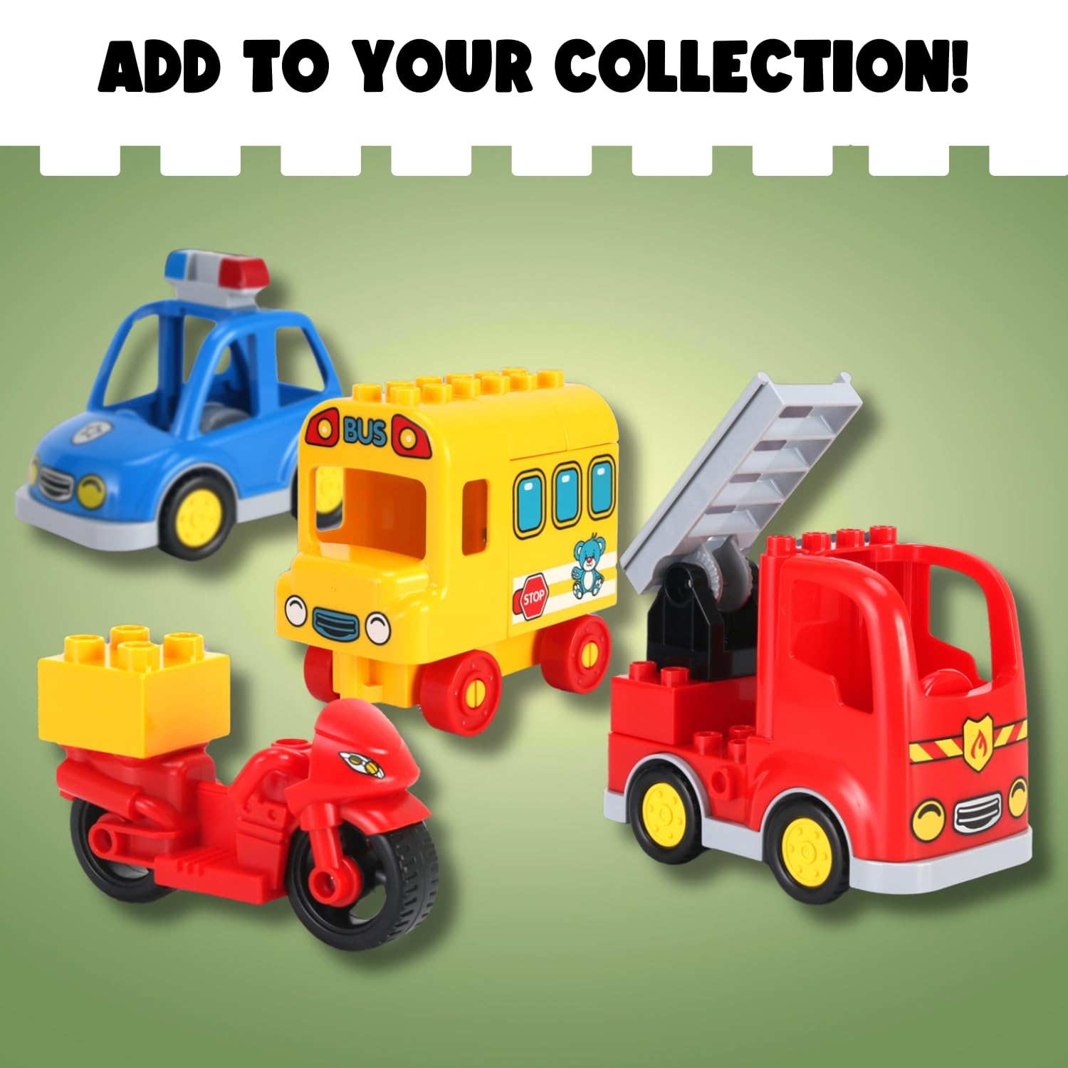 Liberty Imports 4-Pack City Vehicles Transportation Toy Set - Police Car, Fire Truck, School Bus & Motorcycle | Compatible with LEGO DUPLO Blocks | STEM Learning Toys for Toddlers & Kids | Perfect for Pretend Play & Early Education