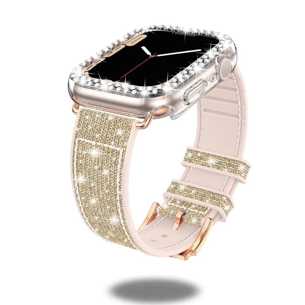 Premium Silicone & Leather Hybrid Watch Band with Glittery PC Case - Stylish & Durable for Workouts, Office & Everyday Wear