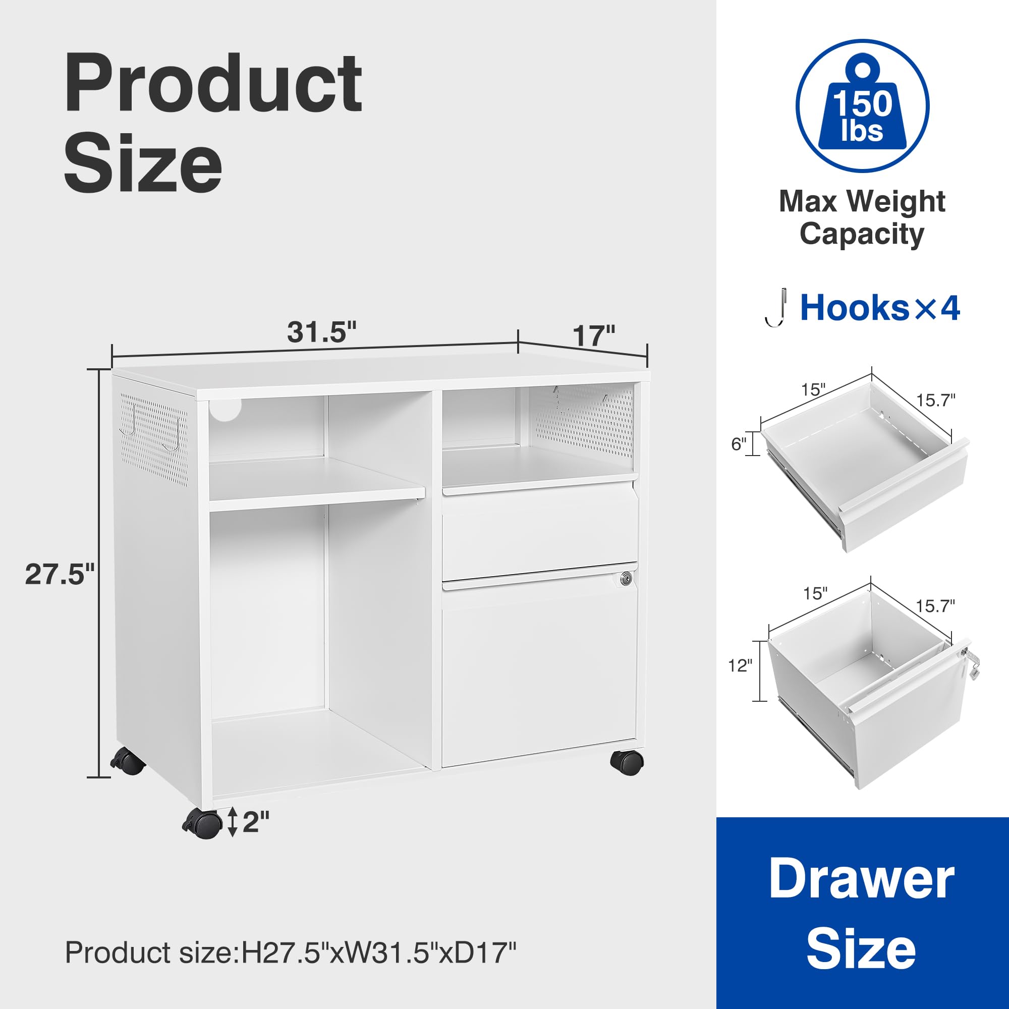 2-Drawer Mobile File Cabinet with Lock - Lateral Office Filing Cabinet & Printer Stand with Open Storage Shelves - Home & Office Organization (White, Right Drawer) - Perfect for Document Storage, Printer Organization & Workspace Efficiency