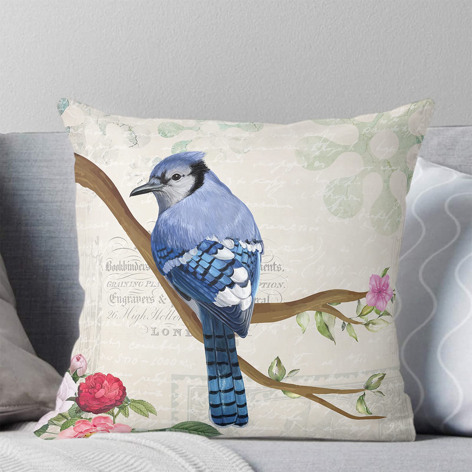 Futuregrace Floral & Blue Jay Bird Throw Pillow Covers 20x20 Inch - Vintage Stamp Design Square Decorative Cushion Cases for Sofa, Couch & Bed - Perfect for Living Room & Bedroom Decor (Home Styling, Cozy Reading Nook, Guest Room Accent)