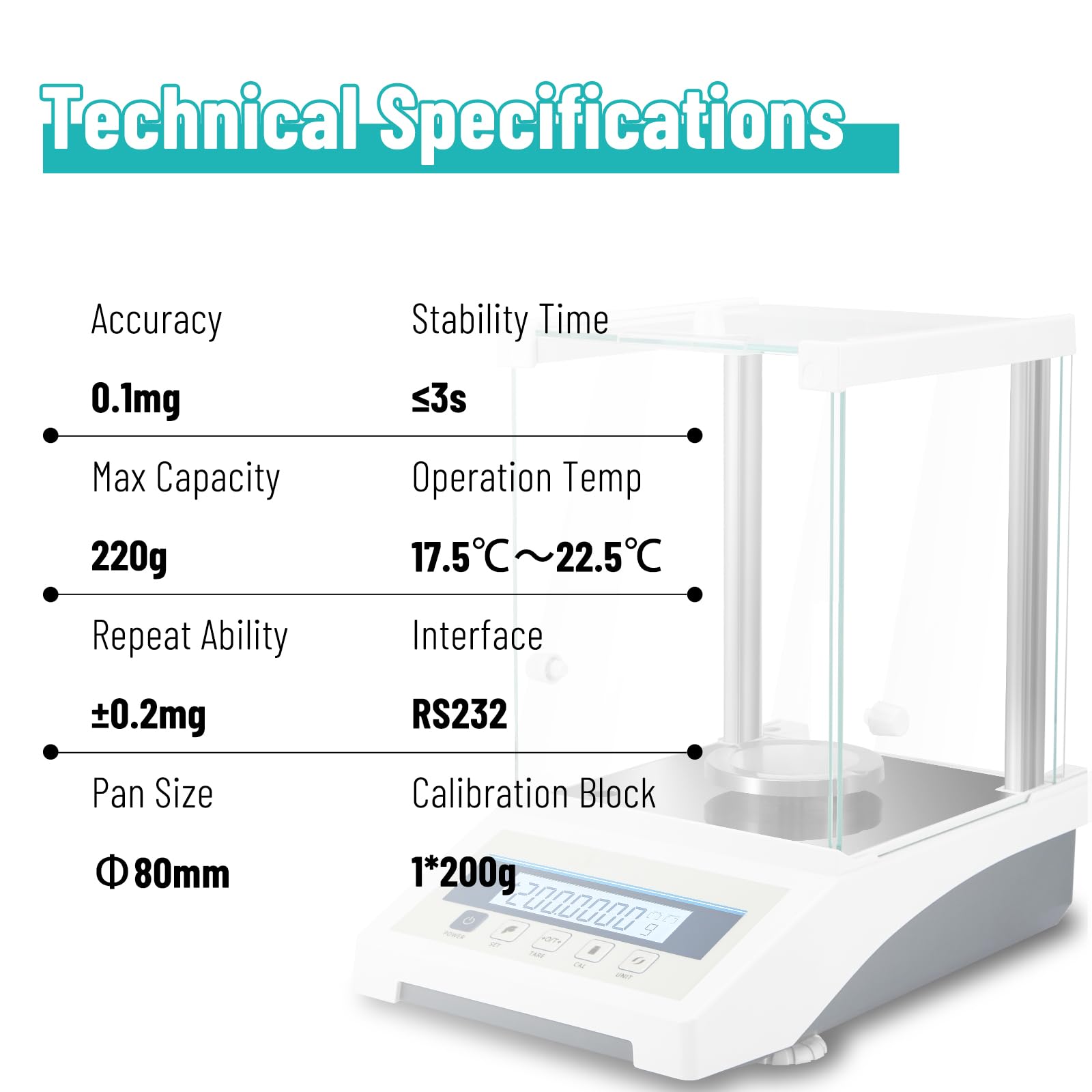 220g x 0.1mg High Precision Digital Analytical Lab Scale | Scientific Balance 0.0001g Accuracy | Jewelry, Coin, Powder & Diamond Weighing Scale with Calibration Weights & RS232 Interface | Perfect for Laboratories, Pharmacies & Jewelry Stores