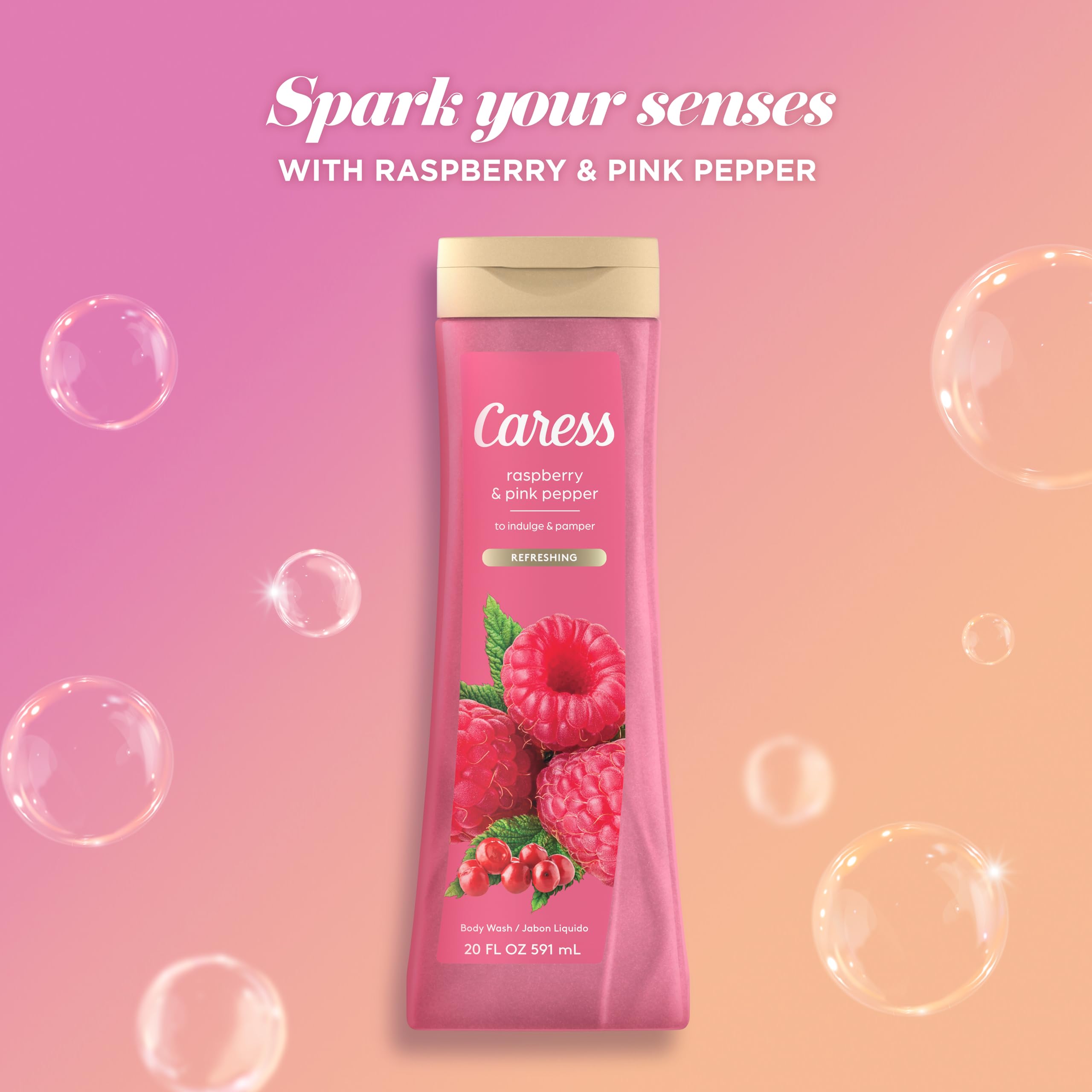 Caress Moisturizing Body Wash with Raspberry & Pink Pepper - Hydrating & Refreshing Liquid Soap for Smooth Skin - 20 Fl Oz (Pack of 2) - Perfect for Daily Shower, Spa Day & Gift Giving