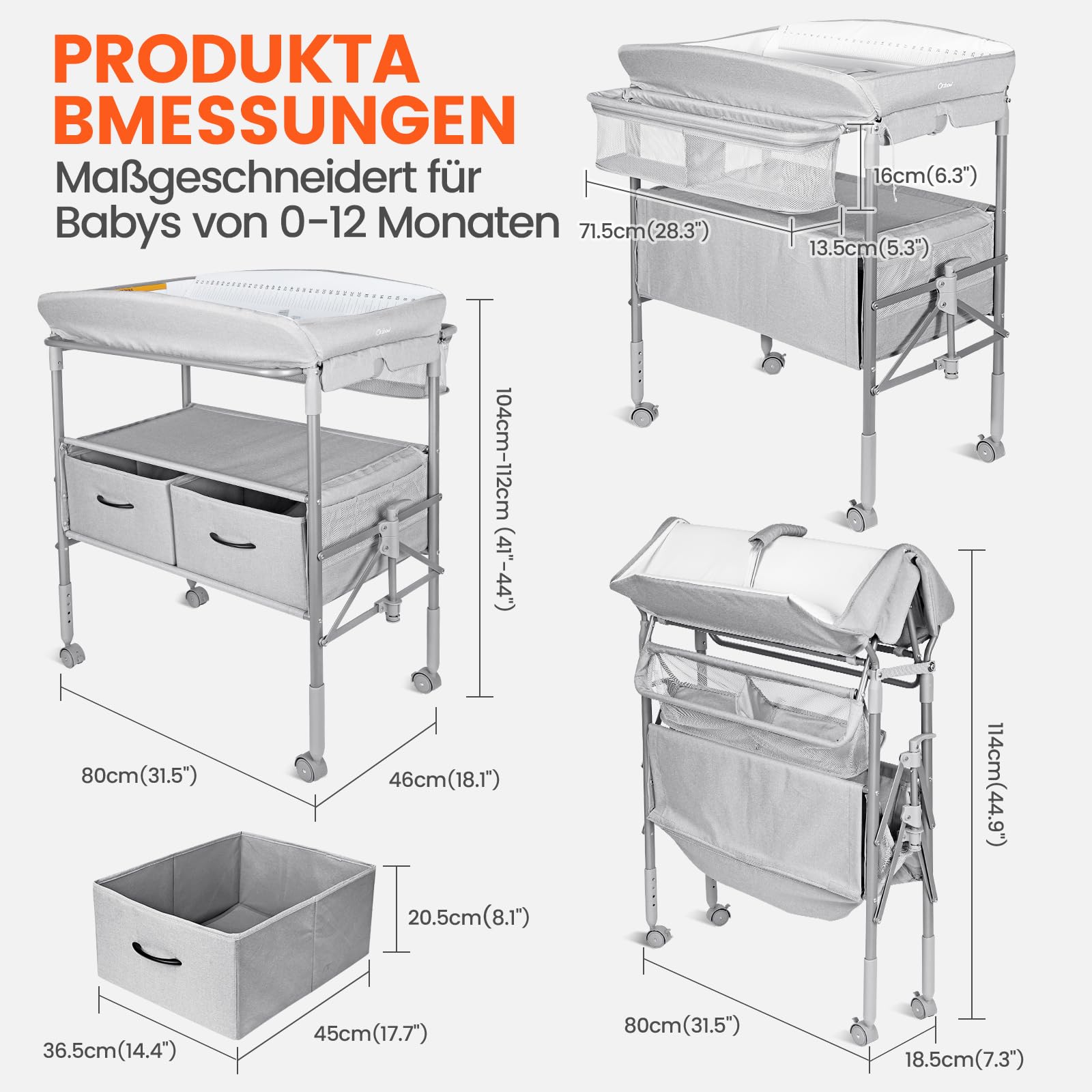 Portable Baby Changing Table with Drawers & Night Light - Adjustable Height, Foldable Design with Safety Strap - Spacious Storage for Nursery, Gray - Perfect for Diaper Changes & Late-Night Care
