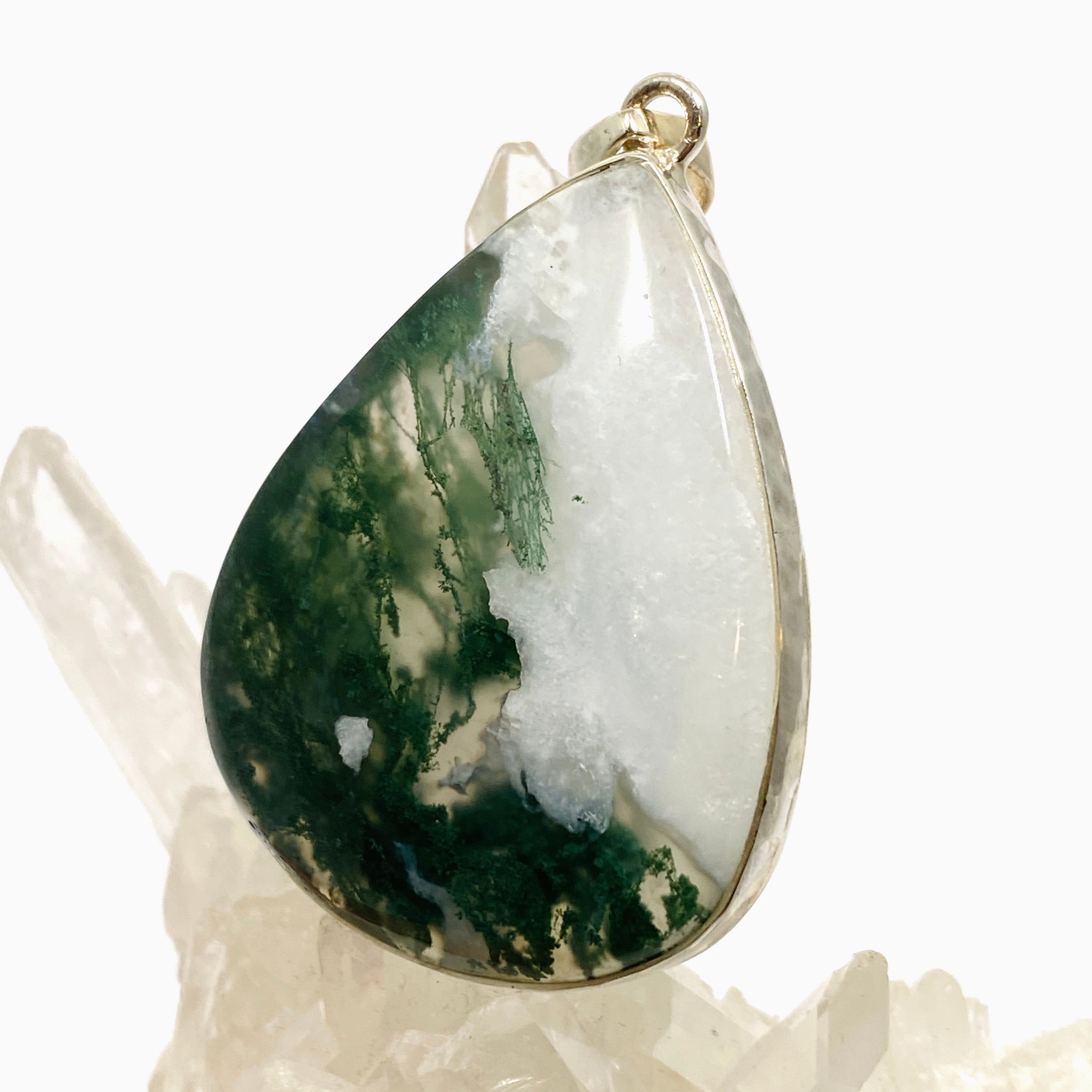 Natural Moss Agate Teardrop Cabochon Pendant in Handcrafted Hammered Sterling Silver Setting KPGJ4709 - Perfect for Boho Jewelry, Healing Crystal Necklaces & Spiritual Gifts