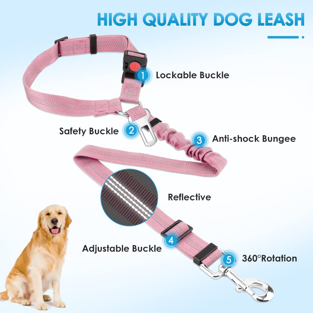 SlowTon 2-Pack Adjustable Dog Seat Belt for Cars - Elastic Bungee Buffer Pet Safety Harness with Reflective Tether (Pink) | Headrest + Clip Attachment | Perfect for Road Trips & Vet Visits