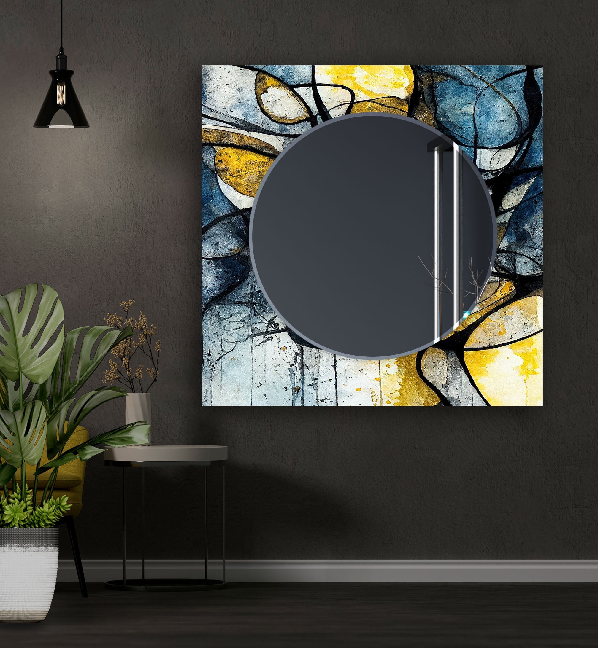 Abstract Wall Mirror in Blue and Yellow Ink - Modern Home Decor for Living Room, Bedroom, or Office
