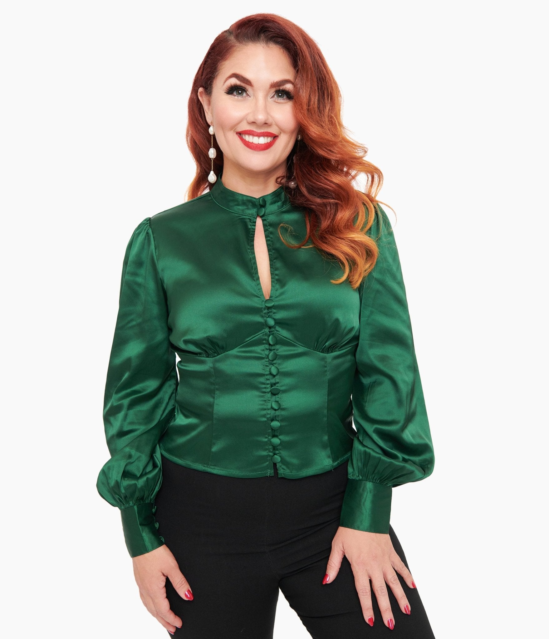 Vintage 1970s Emerald Green Satin Keyhole Button Waist Blouse - Retro 70s Style Women's Top for Parties, Date Nights & Special Occasions