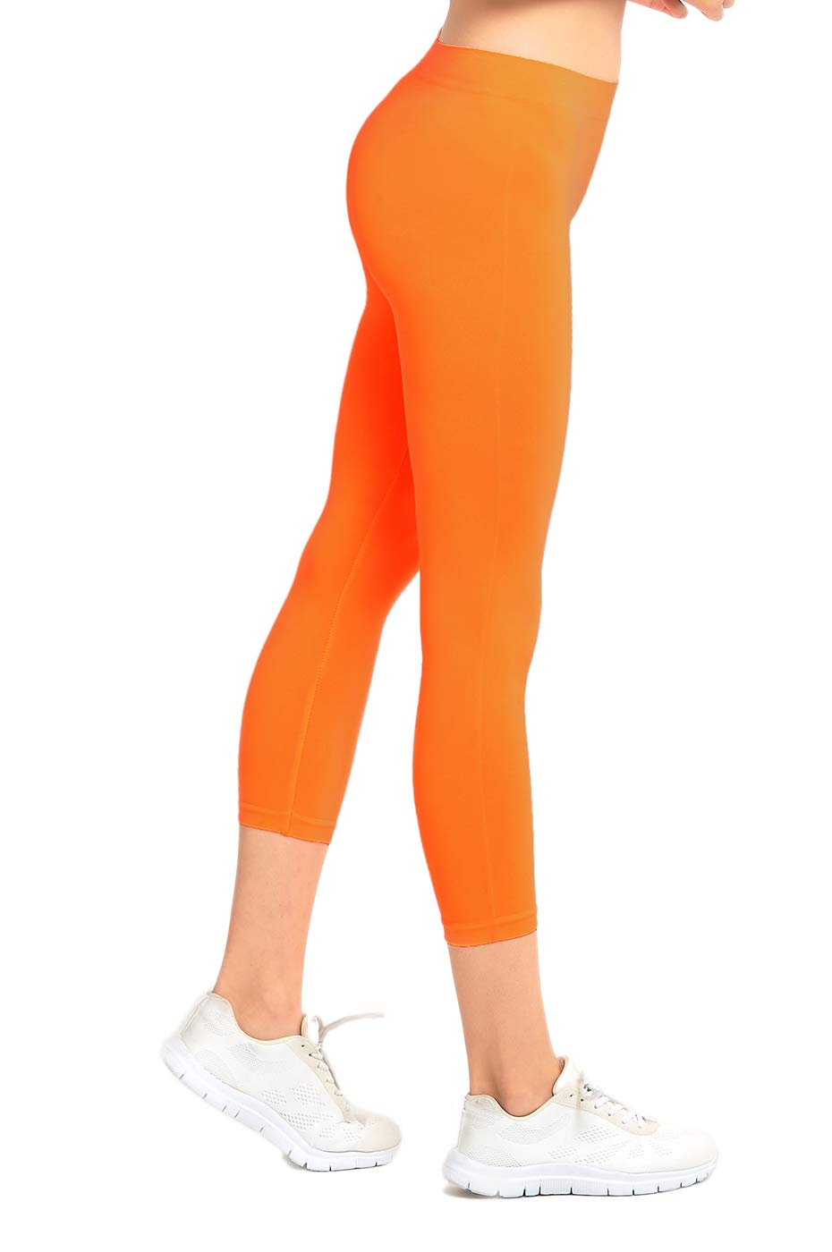 MOPAS Women's Ribbed Waistband Capri Leggings - Plain Stretch Yoga Pants in N.Orange - Perfect for Yoga, Workouts & Casual Wear