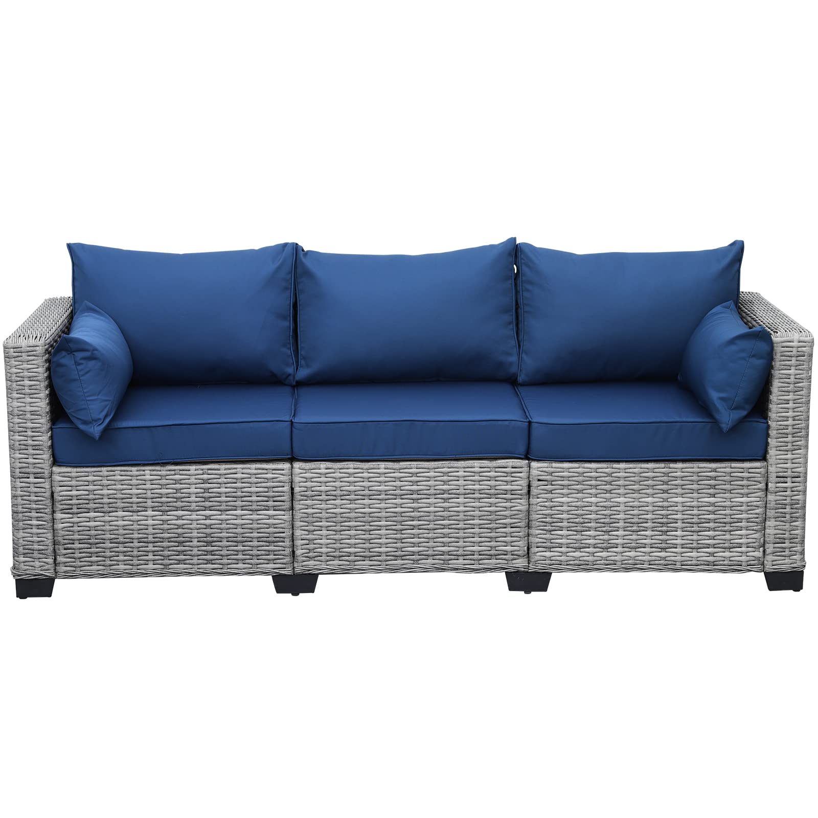 Rattaner 3-Piece Outdoor Wicker Patio Sofa Set - Grey Waterproof Deep Seat Couch with High Backrest, Anti-Slip Cushions & Navy Blue Cover - Perfect for Garden, Poolside, and Backyard Relaxation