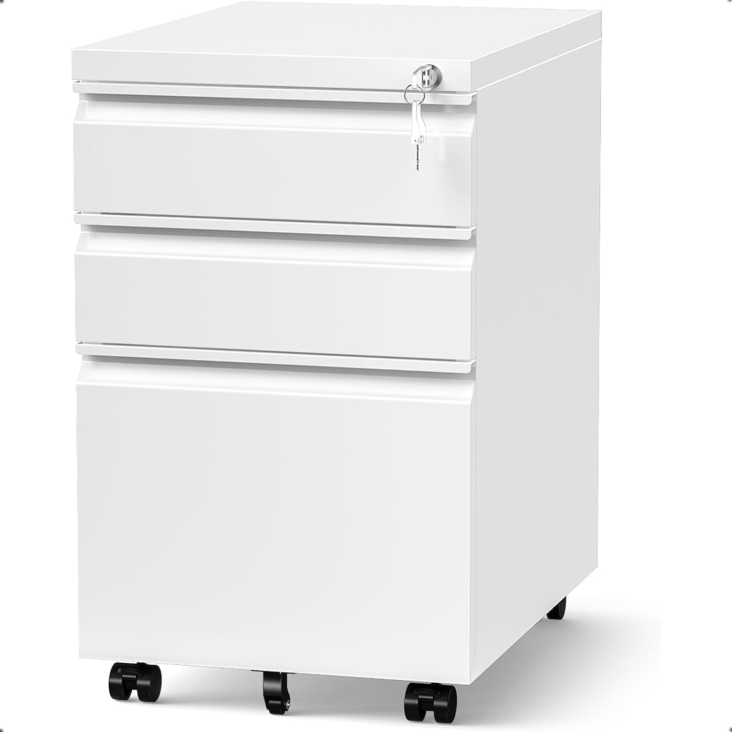 3 Drawer Locking File Cabinet for Home Office - Fully Assembled Mobile Storage for A4, Letter & Legal Size Documents - Under Desk Organizer for Papers, Folders & Office Supplies (White)