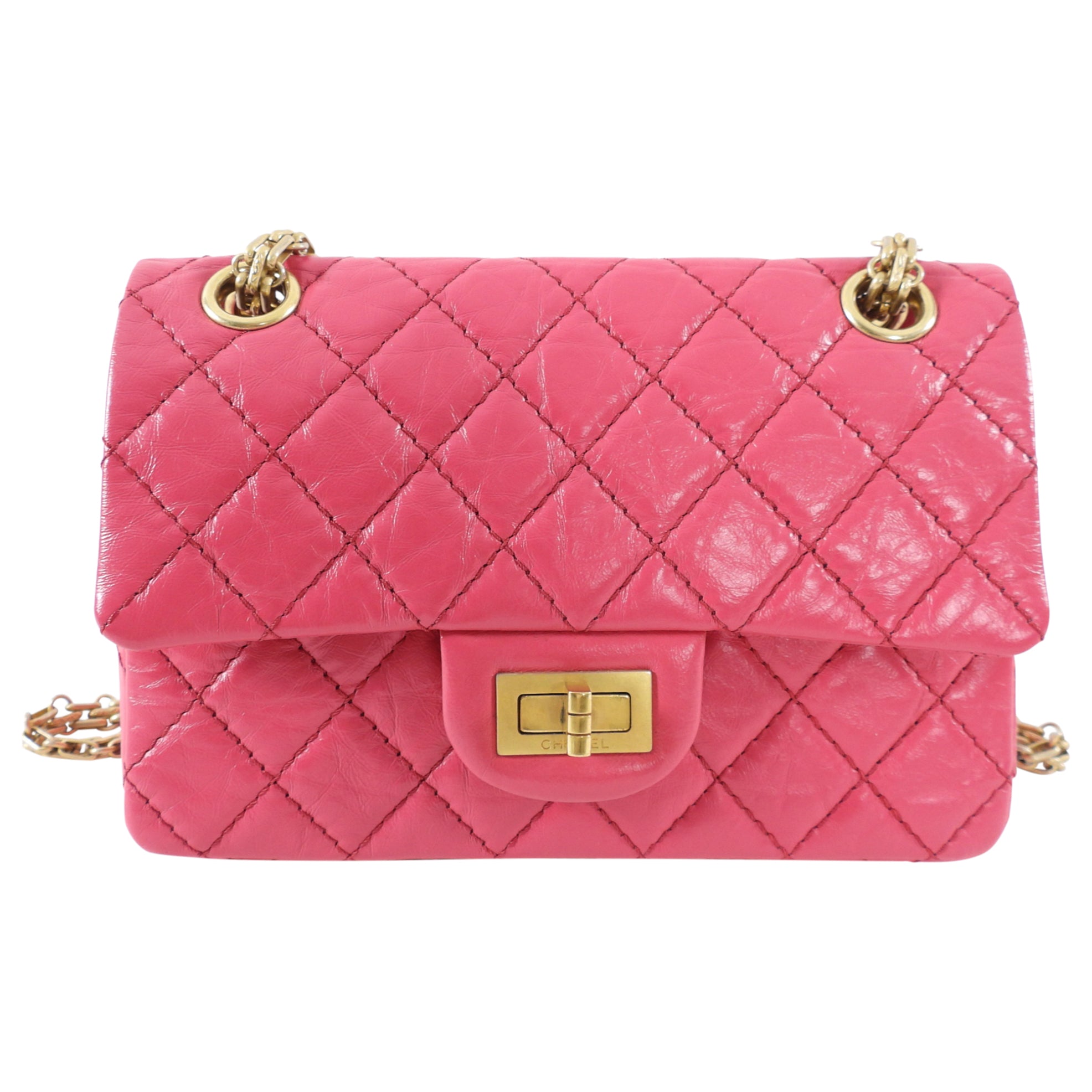 Authentic Chanel Hot Cherry Pink Aged Leather Mini 2.55 Reissue Flap Bag - Luxury Crossbody Purse for Women, Perfect for Date Night & Special Occasions