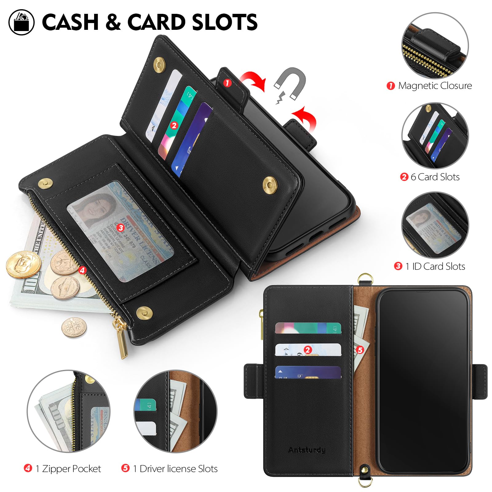 Premium RFID Blocking PU Leather Wallet Case for iPhone 13 Pro - Women's Crossbody Phone Case with Zipper, Wrist Strap & Credit Card Holder | Shockproof Flip Cover | Perfect for Travel, Shopping & Everyday Use (Black)