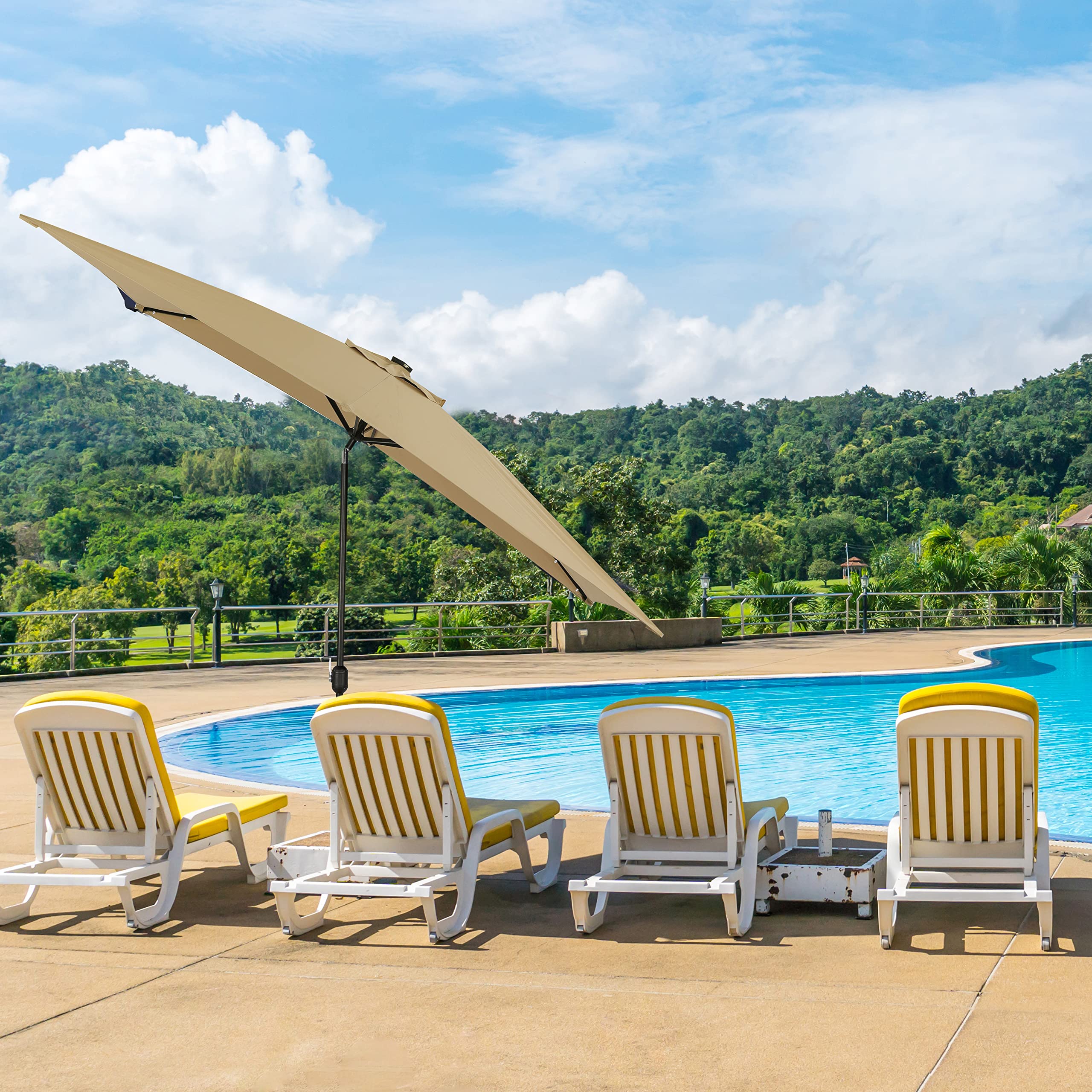 Outdoor LED Market Umbrella with 8 Bright Bulbs - 9ft Rectangle Patio Umbrella for Deck, Poolside & Backyard - Waterproof Sun Shade with Easy Crank Handle