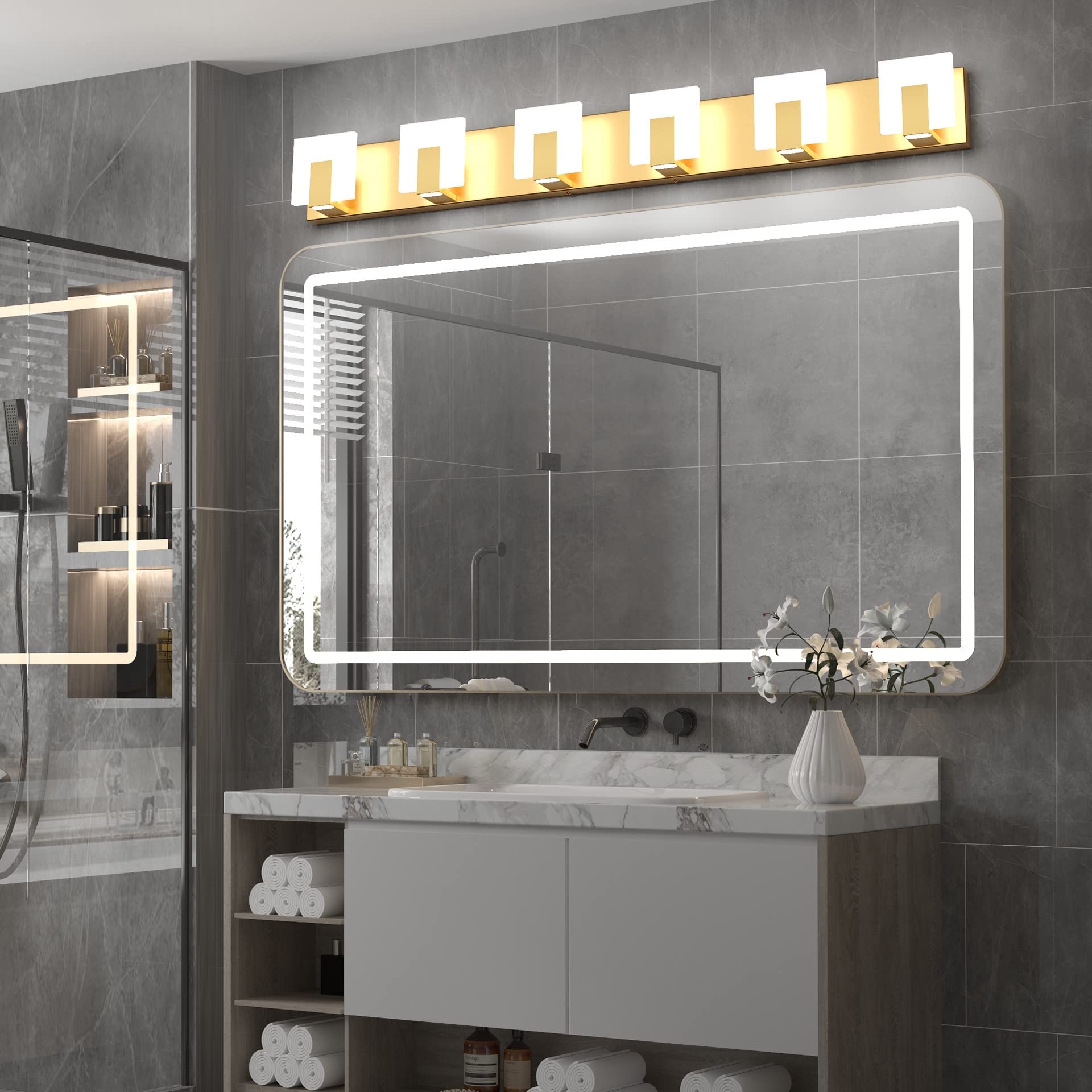 Aipsun Modern Gold Vanity Lighting Fixtures - 6-Light LED Bathroom Vanity Light with Up and Down Wall Sconce, 6000K Daylight - Perfect for Bathroom Makeup Vanity, Dressing Room, and Spa Lighting