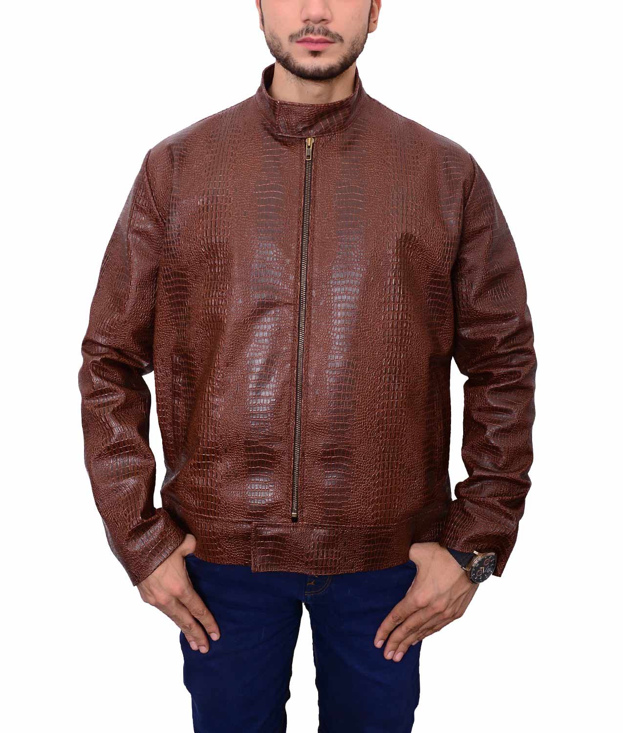 Shazmeen Men's Crocodile Pattern Stand-Up Collar Retro Slim Fit PU Leather Jacket - Stylish Vintage Biker Jacket for Casual Outings & Motorcycle Rides
