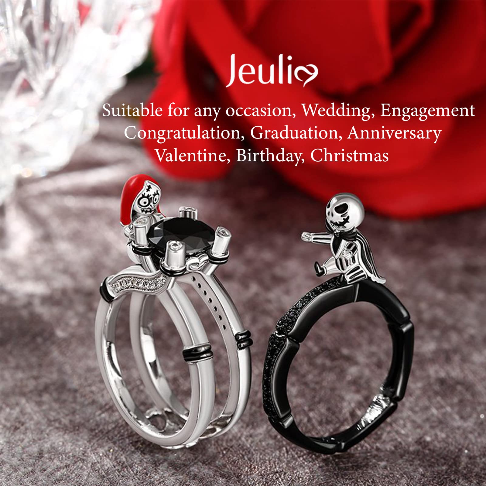 Jeulia Sterling Silver Skull Couple Ring - Hug Me Magic of Love Round Cut Engagement Band for Women, Wife, Girlfriend - Perfect for Wedding, Anniversary, Christmas & Birthday Gifts (Includes Jewelry Box) | Gothic Romance Jewelry for Couples & Alternative Style Lovers