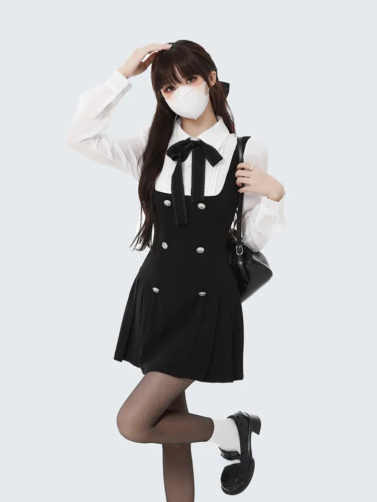 Women's Autumn Fake Two Piece Dress - Slim Fit Long Sleeve Bow Y2K Mini Dress | Korean Fashion Elegant Short Party Outfit for Casual Wear, Date Night & Club Events