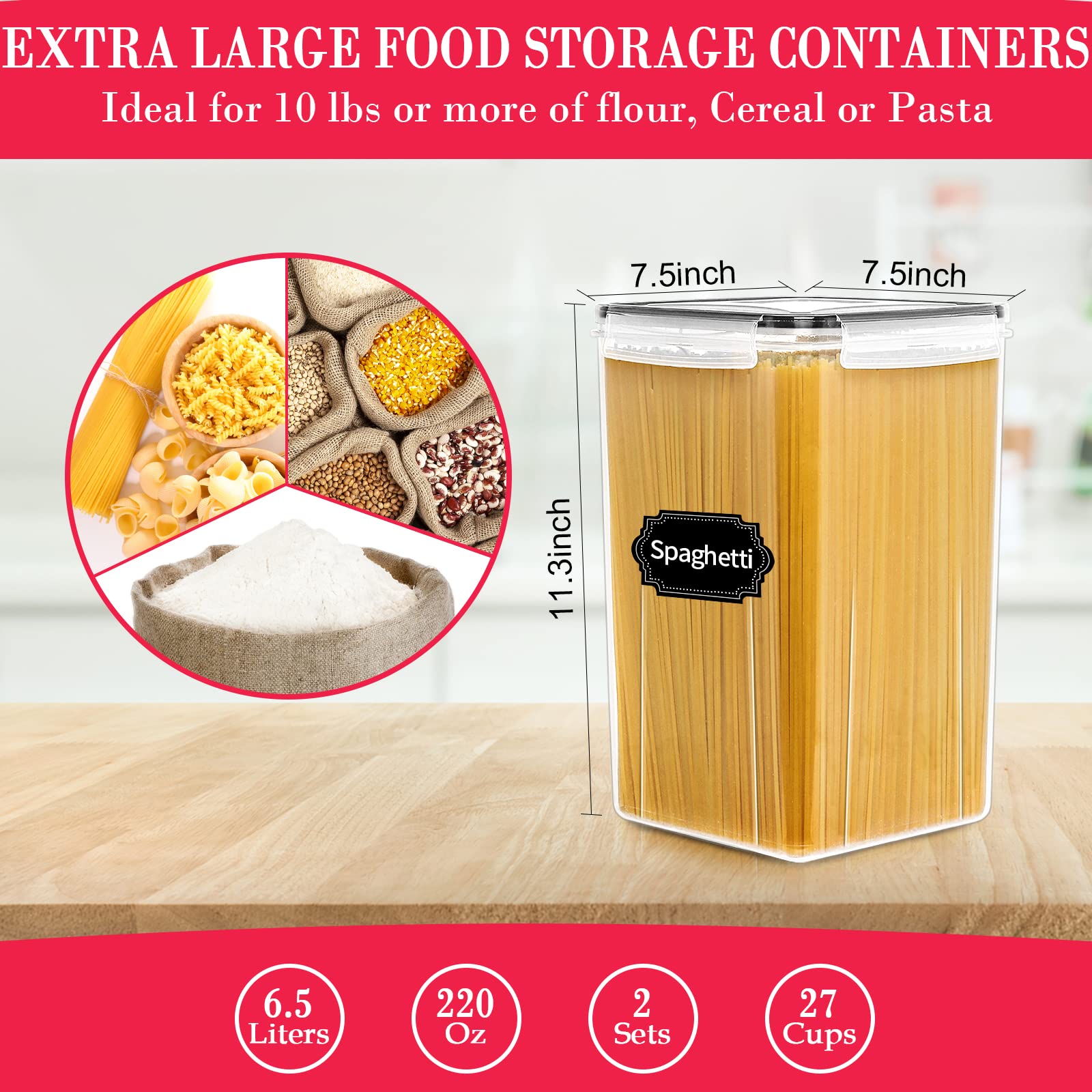CEKEE 6.5L (220 OZ) Airtight Plastic Food Storage Containers with Lids (2-Pack) - Bulk Storage for Flour, Sugar, Rice, Cereal & Pasta - Perfect for Kitchen Pantry Organization & Meal Prep