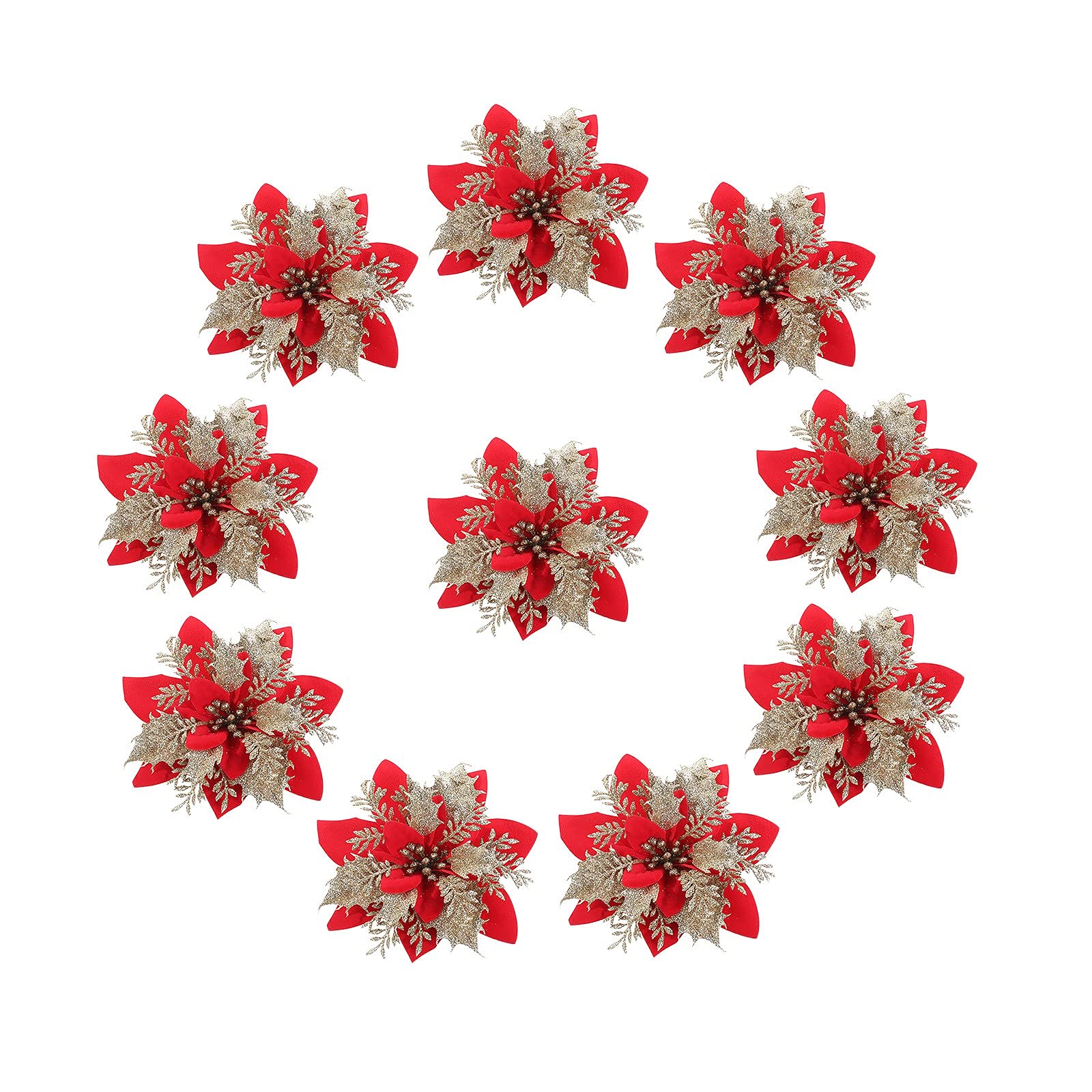 10Pcs Glitter Artificial Flowers for Christmas Party Decorations - Birthday Wedding Home Table Centerpiece Decor for Trees, Dining & Holiday Celebrations