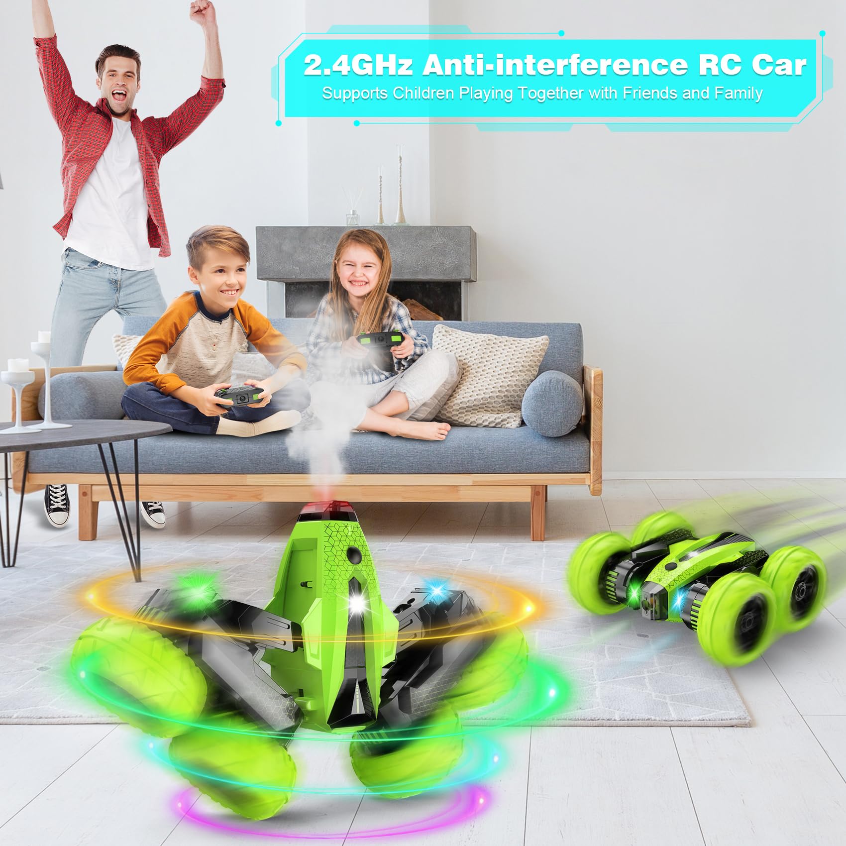2.4Ghz RC Stunt Car - 360° Rotating Truck with Headlights & Music for Kids Outdoor Play