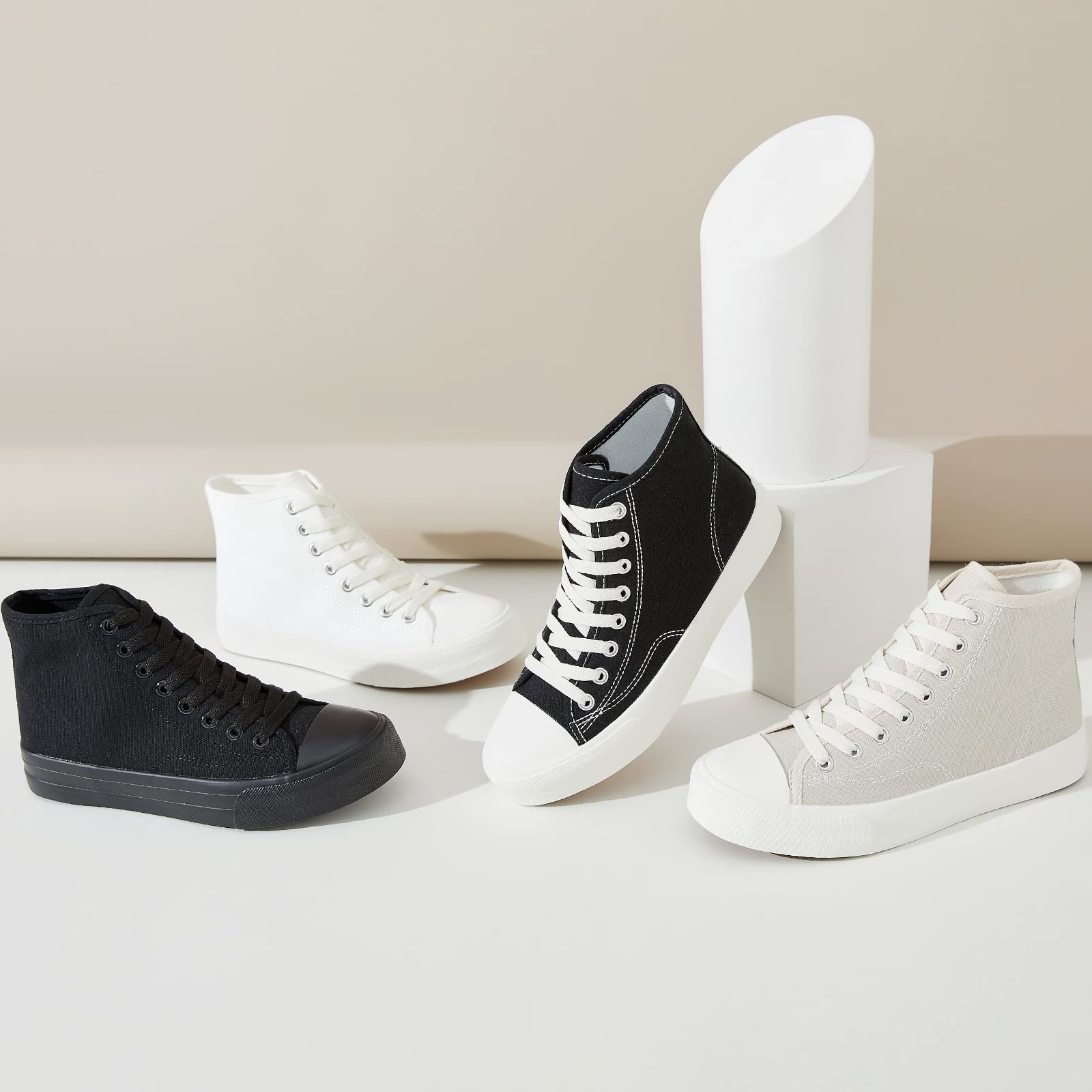 Uoidru Women's High Top Canvas Sneakers - White Lace Up Casual Fashion Shoes for Walking, Running & Everyday Wear