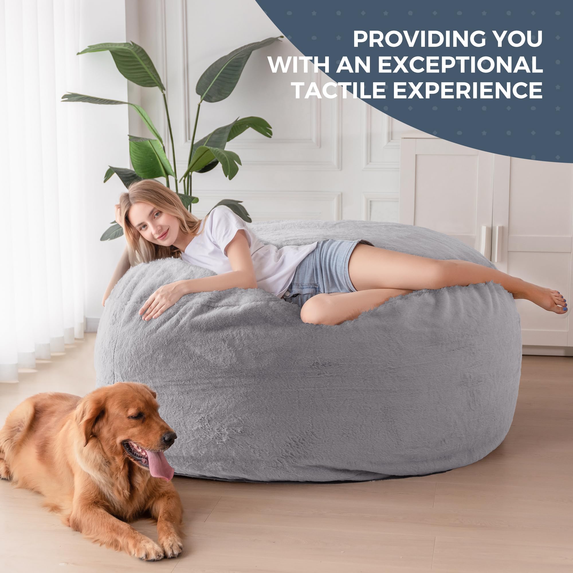 MAXYOYO Giant Faux Fur Bean Bag Chair - Convertible to Floor Mattress Bed | Dark Grey | Ultra Soft Lounge Chair for Living Room, Bedroom & Dorm | Perfect for Relaxing, Gaming & Sleepovers
