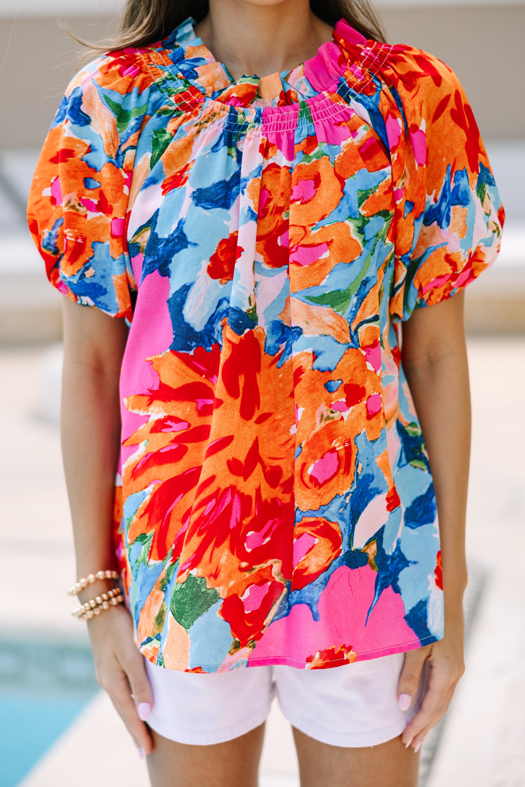 Stylish Coral Floral Print Bubble Sleeve Blouse for Women - Perfect for Summer Parties, Date Nights & Office Wear