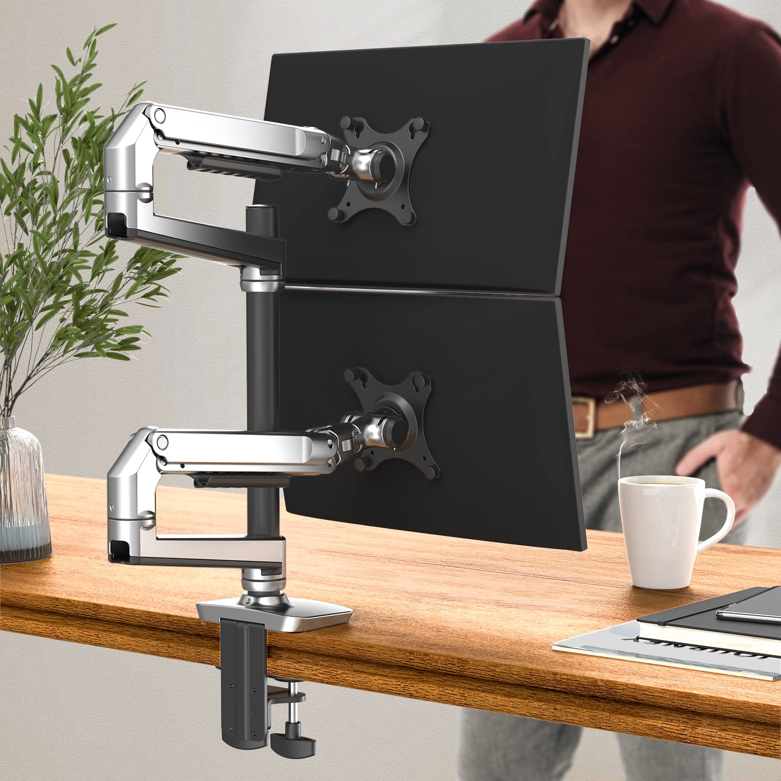 Dual Monitor Stand for 40 Inch Screens - Heavy Duty Adjustable Monitor Arm with C-Clamp & Grommet Base - Aluminum Silver Dual Monitor Mount Holds 25 lbs - Perfect for Home Office, Gaming Setup & Workstation Ergonomics