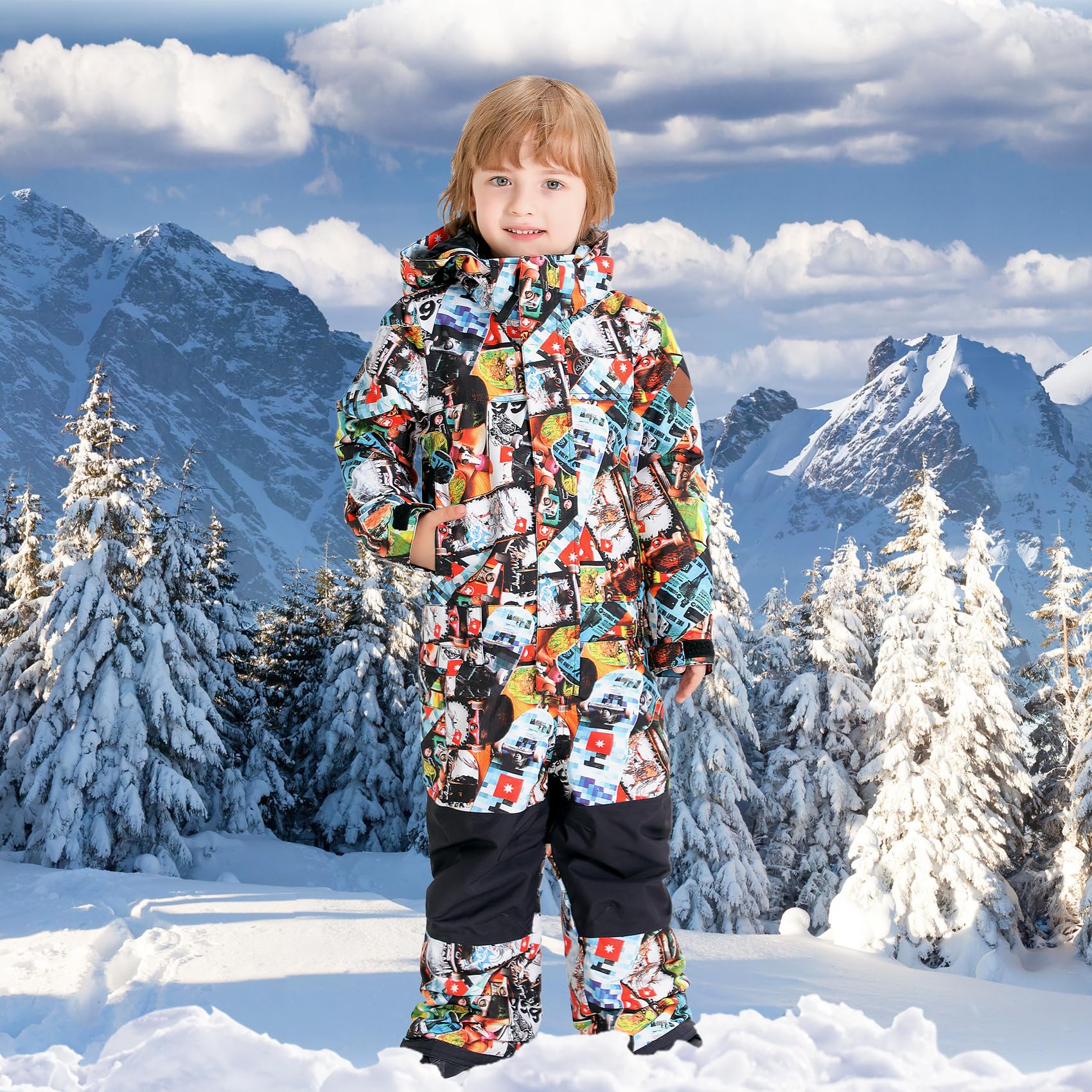 GSOU SNOW Kids Waterproof Ski Suit - Boys & Girls One-Piece Snowsuit for Skiing, Snowboarding | Windproof Winter Jumpsuit Coveralls for Outdoor Snow Play & Cold Weather Activities
