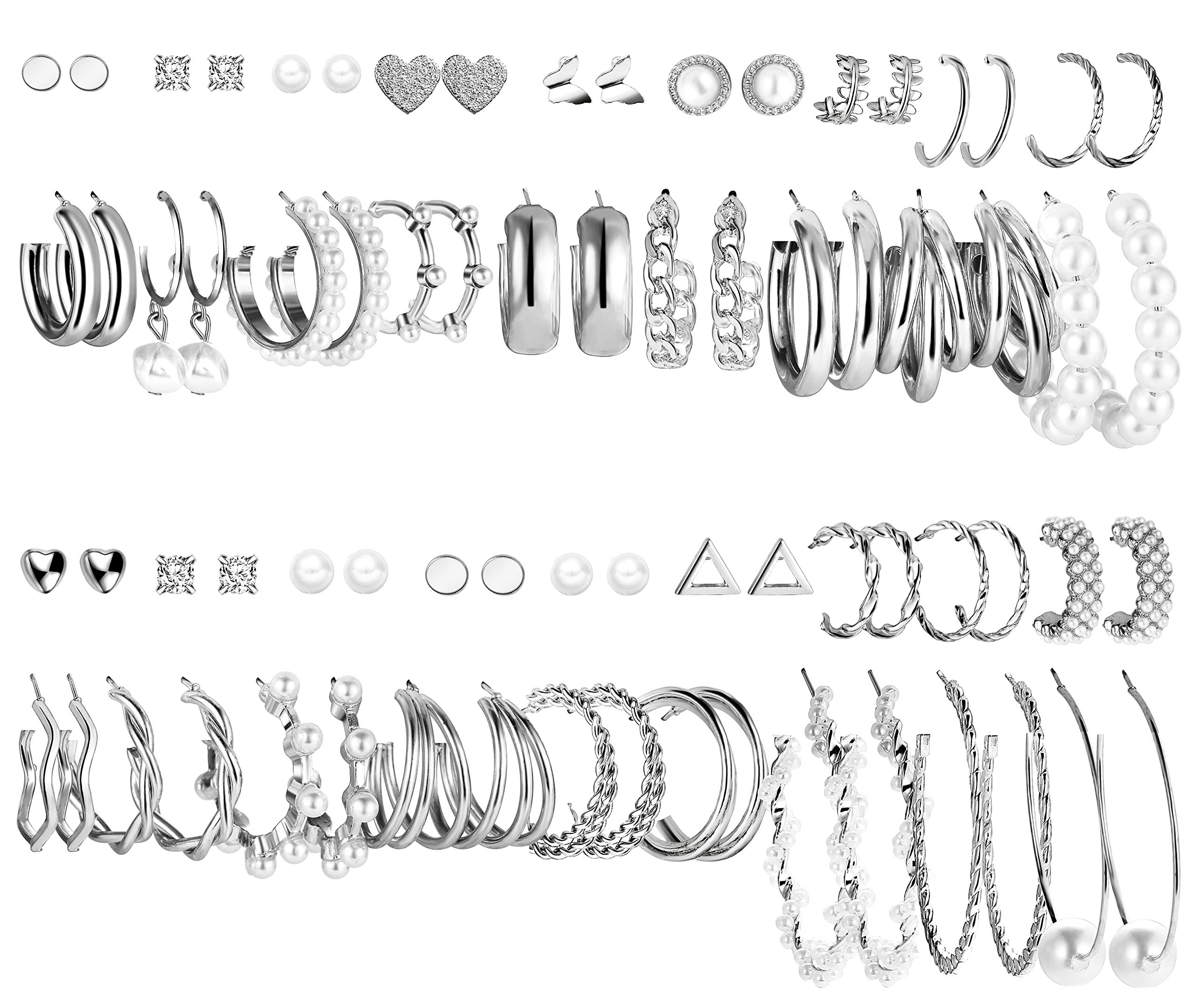 FAXHION 36 Pairs Gold Earrings Set for Women - Fashion Pearl Chain Link Stud Drop Dangle Hoop Earrings Multipack, Hypoallergenic Jewelry for Birthday Party, Wedding, Anniversary & Everyday Wear