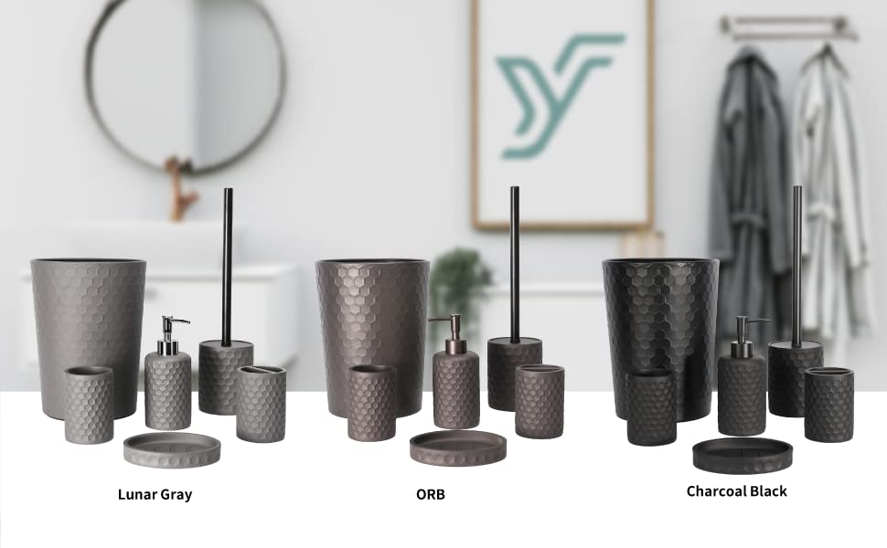 6-Piece Grey Bathroom Accessory Set - Includes Trash Can, Toothbrush Holder, Cup, Soap Dispenser, Soap Dish & Toilet Brush with Holder | Modern Light Gray Bathroom Organization for Home & Apartment