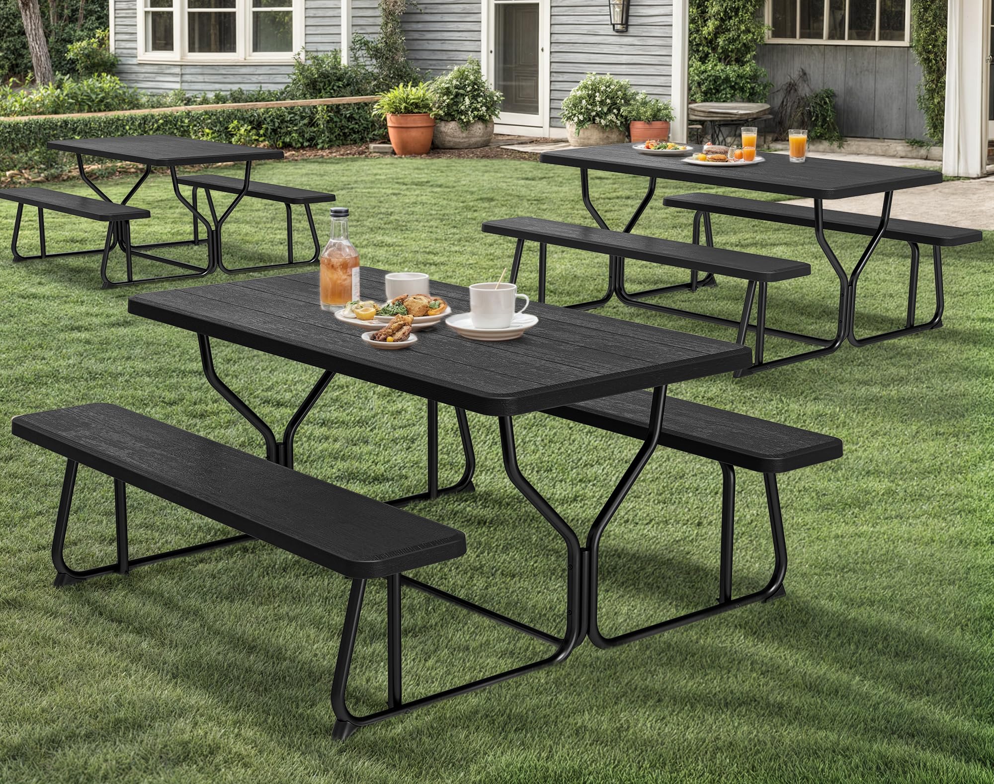 YITAHOME Heavy Duty Outdoor Picnic Table Set with Weather-Resistant Resin Tabletop & Sturdy Steel Frame - Perfect for Backyard, Patio, Lawn, and Outdoor Parties (Black) | Ideal for Family Gatherings, BBQs, and Garden Relaxation