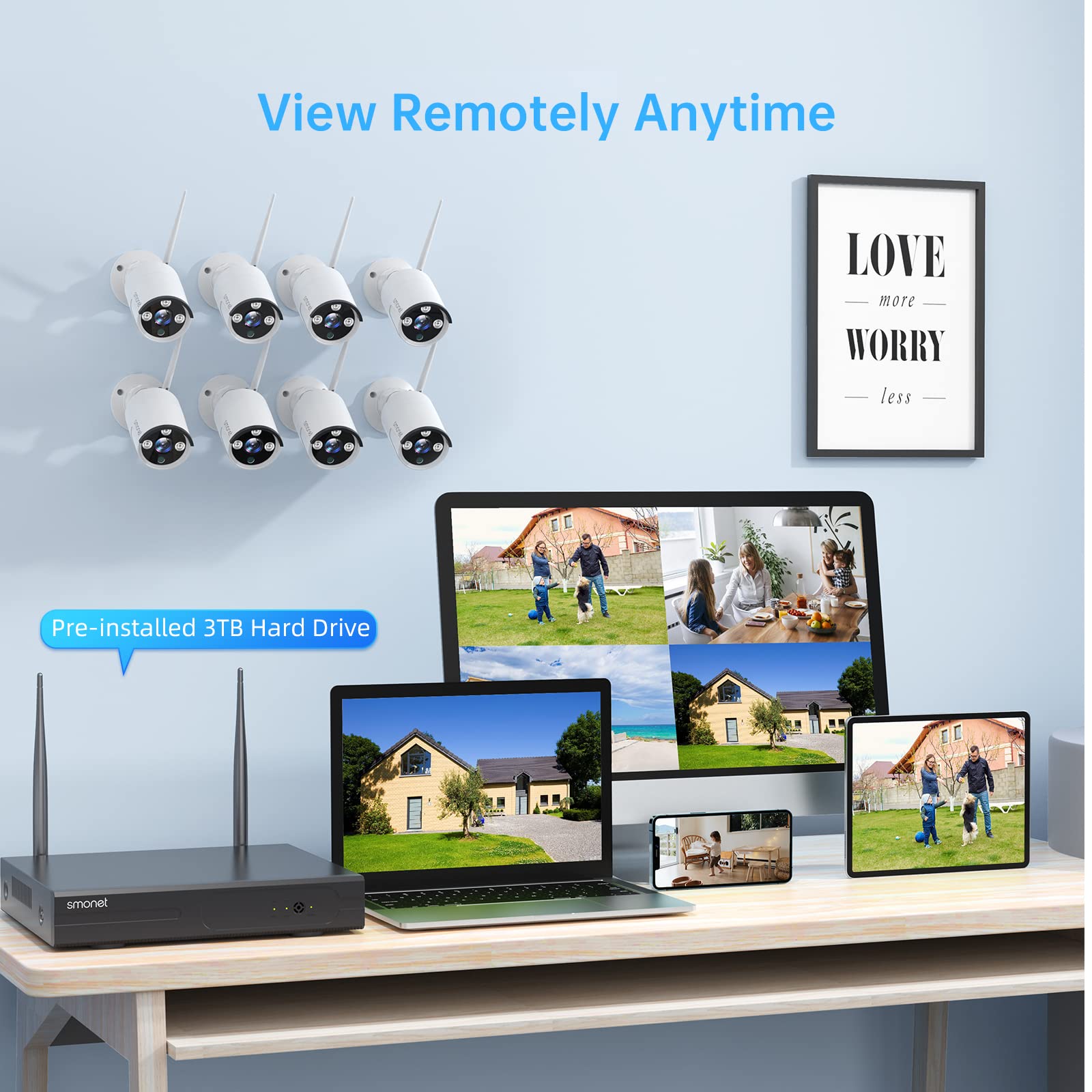 SMONET 8 Channel 1080P Wireless Security Camera System with 8x 2MP HD Cameras, 3TB HDD, Night Vision & Motion Detection - Indoor/Outdoor Home Surveillance DVR Kit for 24/7 Recording (Ideal for House Monitoring, Business Security & Property Protection)