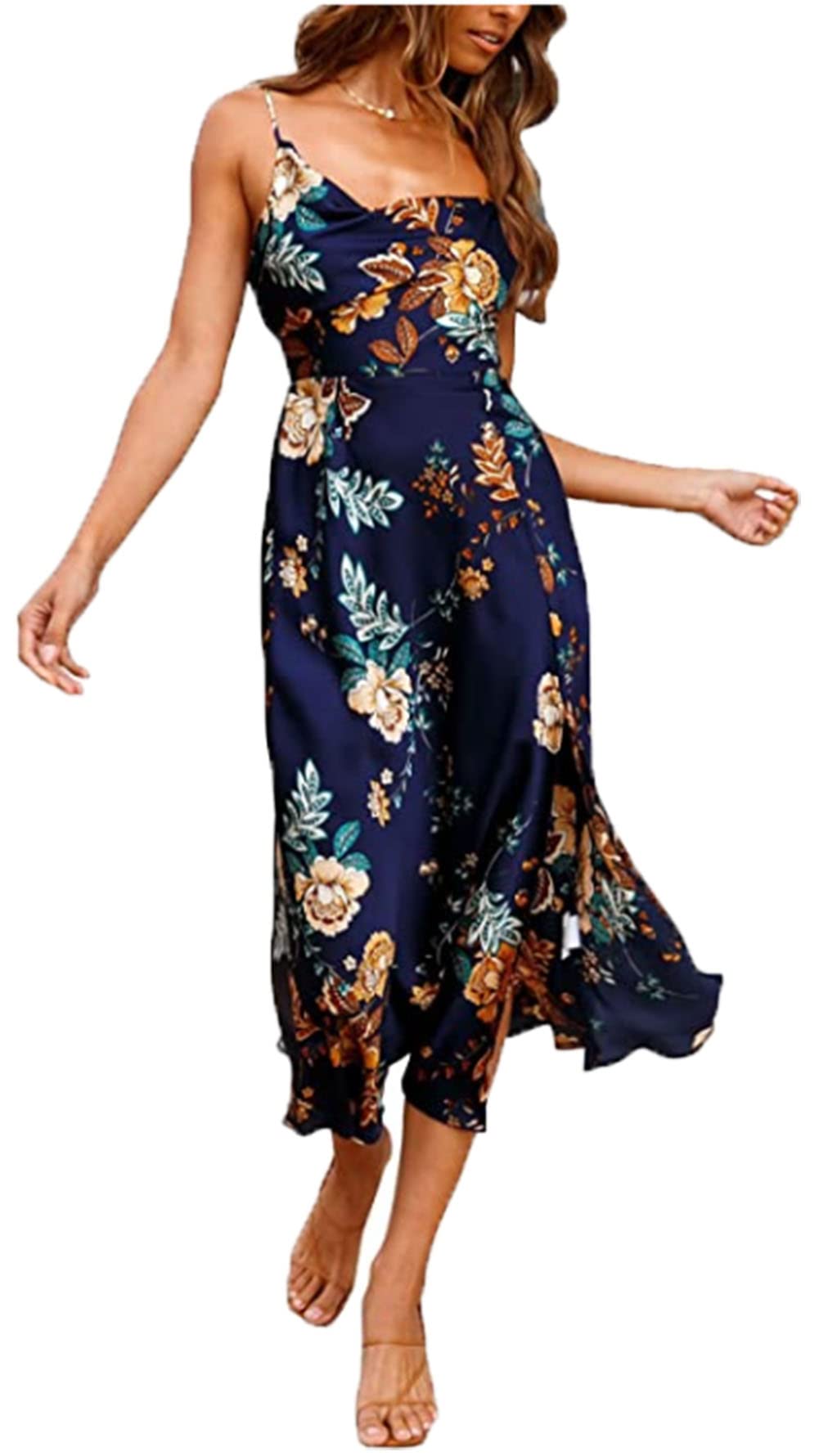 Elegant Sleeveless Spaghetti Strap Satin Wedding Guest Dress for Women - Cowl Neck Backless Midi Formal Party Gown | Perfect for Weddings, Cocktail Parties, and Evening Events